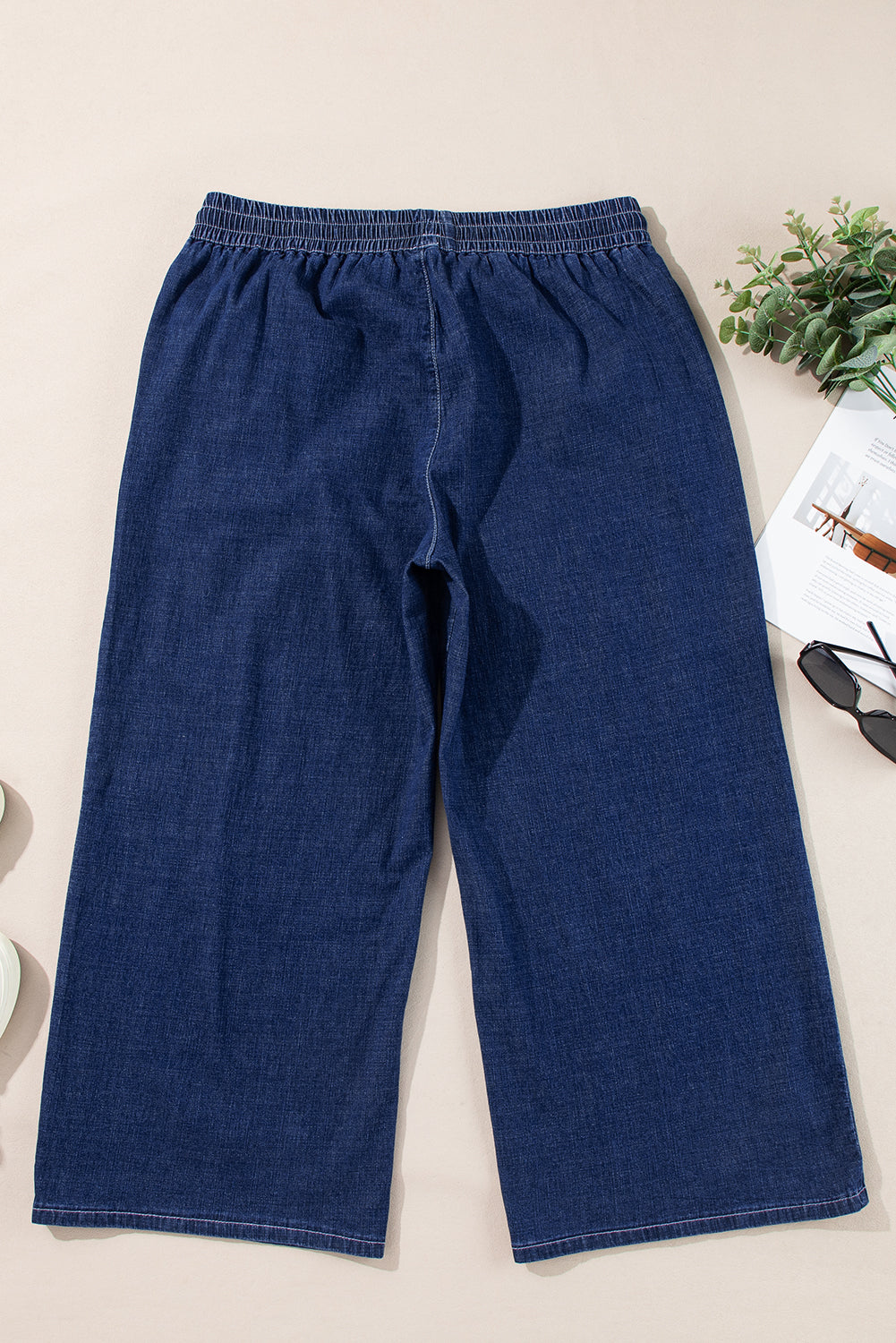 Real Teal Plus Size Drawstring High Waist Wide Leg Casual Jeans - Size/Plus Bottoms
