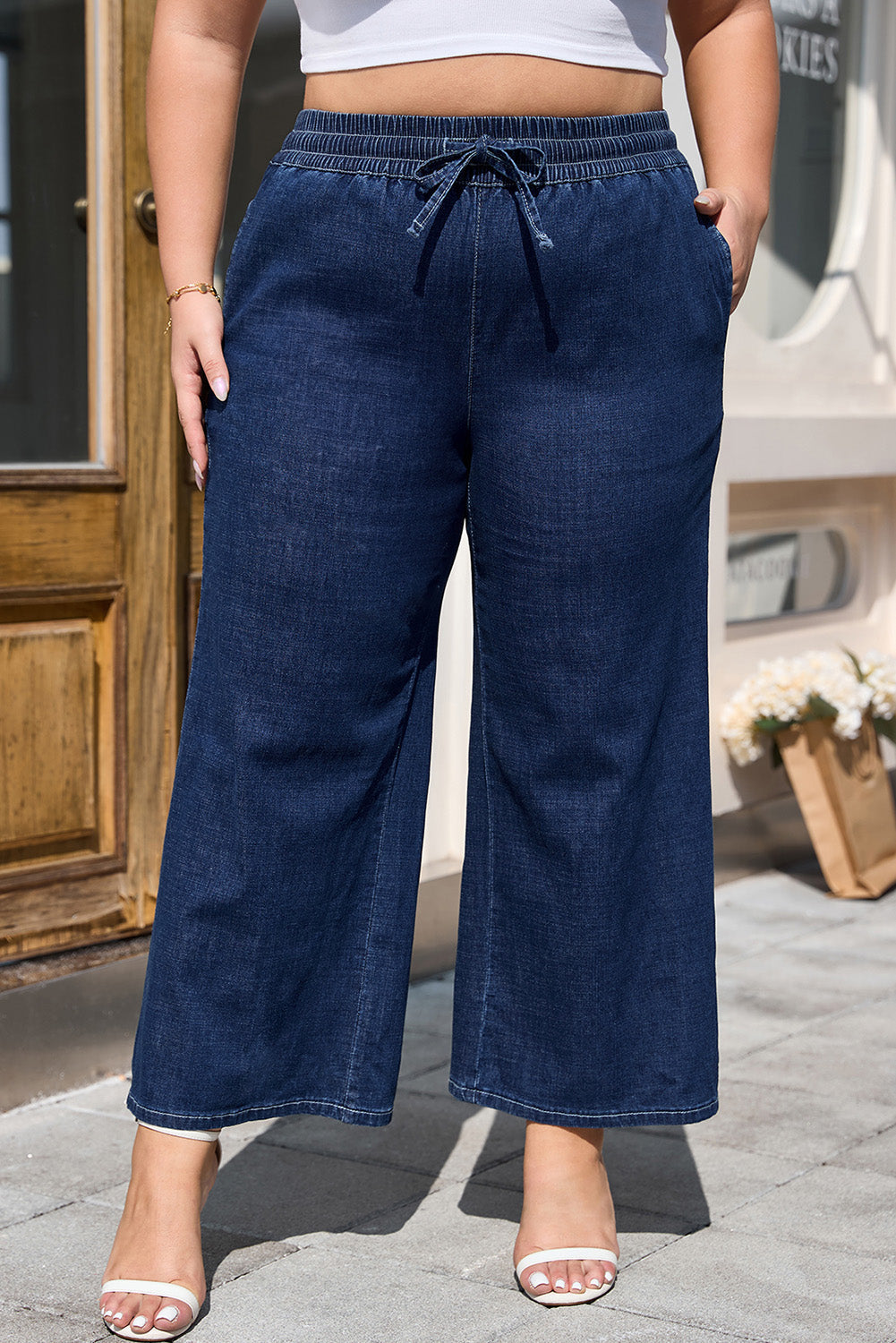 Real Teal Plus Size Drawstring High Waist Wide Leg Casual Jeans - Size/Plus Bottoms