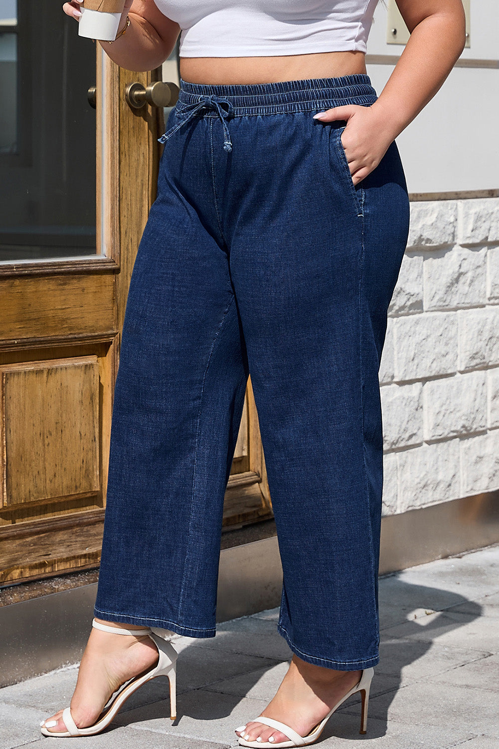 Real Teal Plus Size Drawstring High Waist Wide Leg Casual Jeans - Size/Plus Bottoms