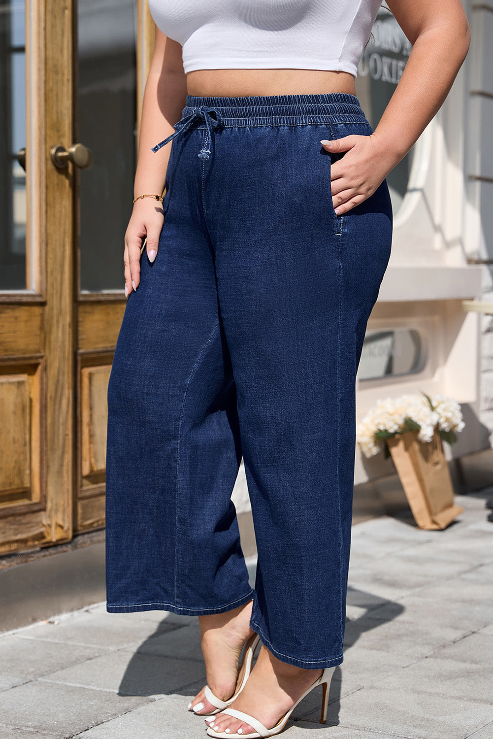 Real Teal Plus Size Drawstring High Waist Wide Leg Casual Jeans - Size/Plus Bottoms