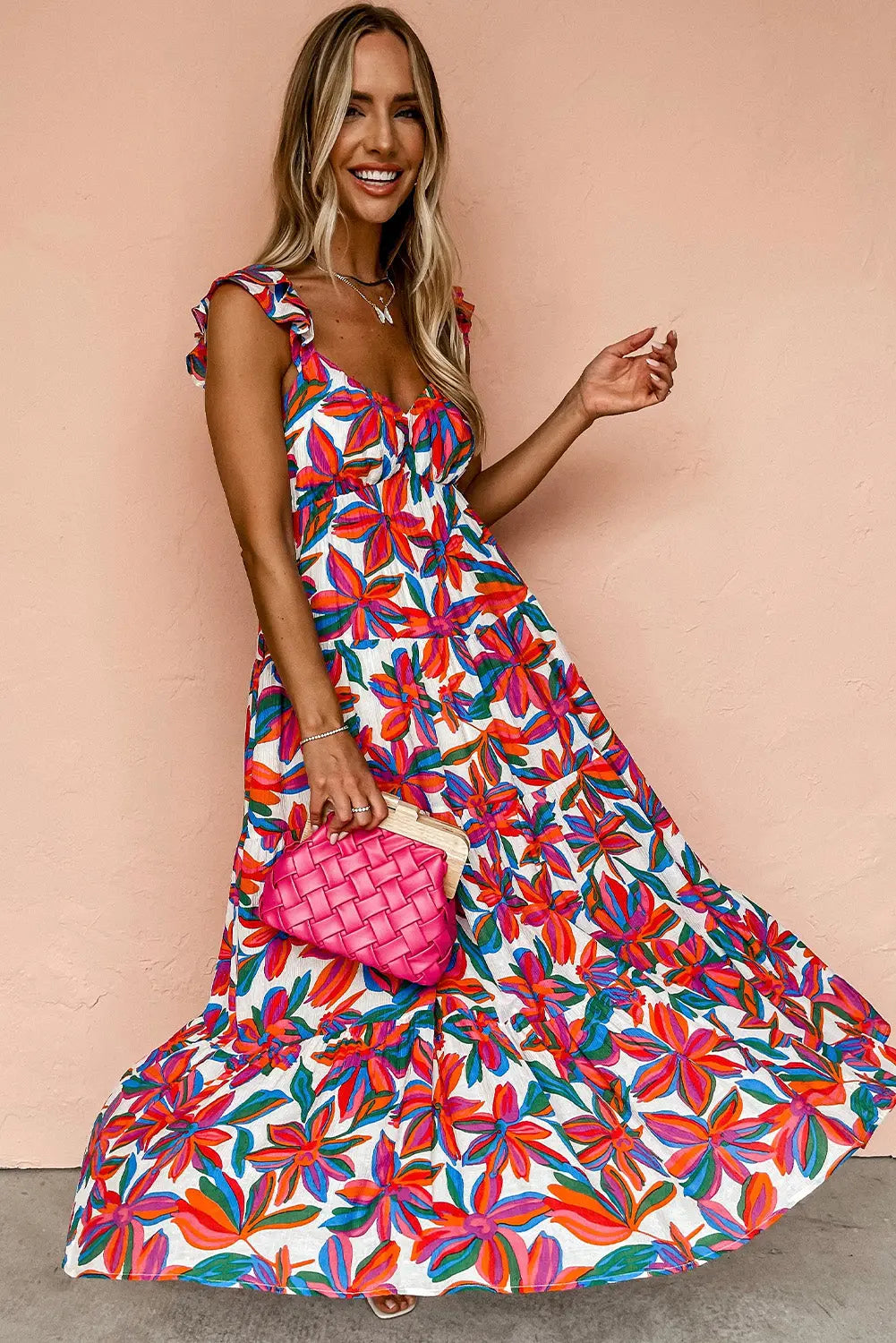 Red Boho Floral Ruffled Strap V Neck Maxi Dress - eAura