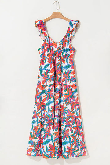 Red Boho Floral Ruffled Strap V Neck Maxi Dress - Dresses/Maxi Dresses
