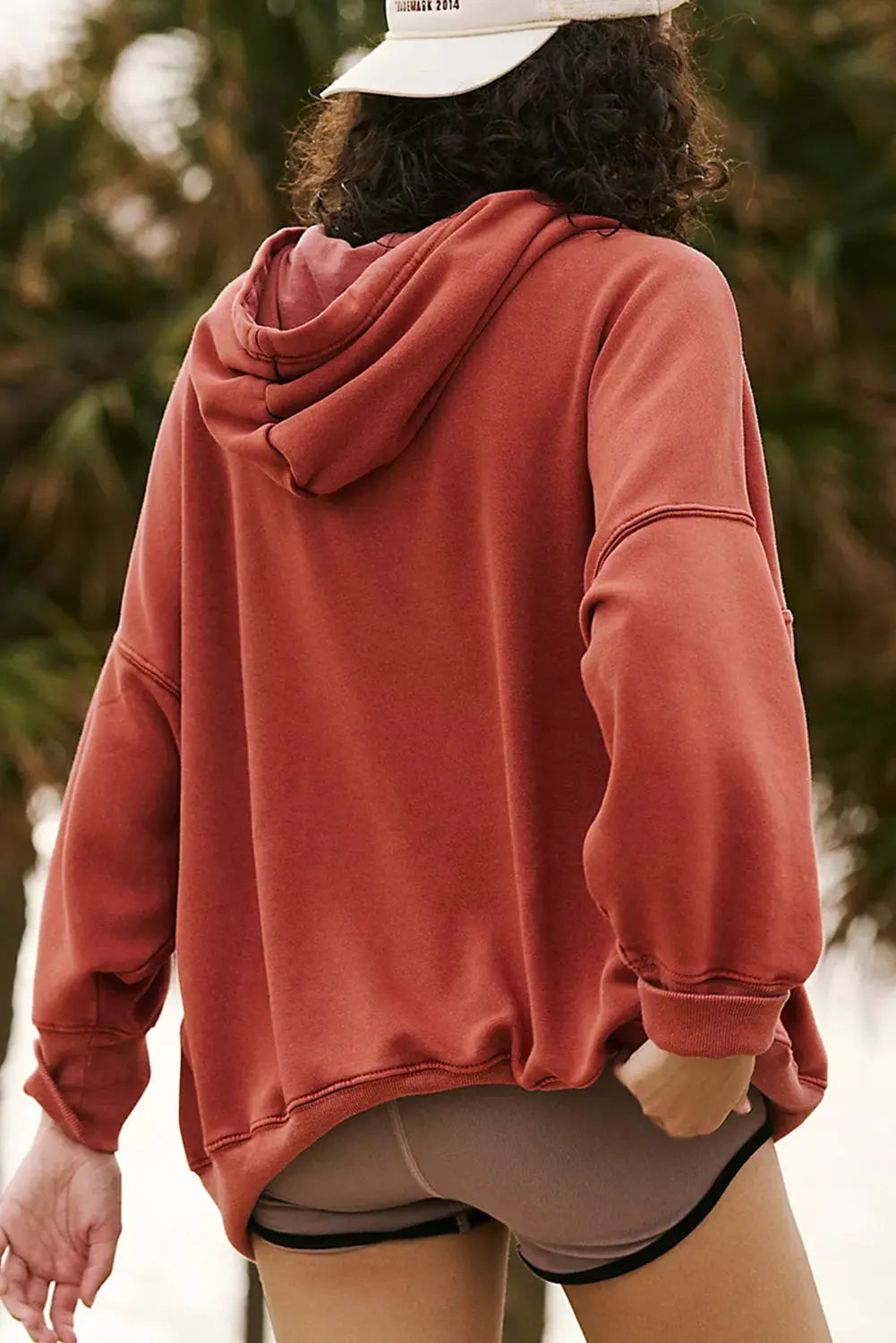Red Clay Drop Shoulder Pocketed Baggy Drawstring Hoodie - eAura
