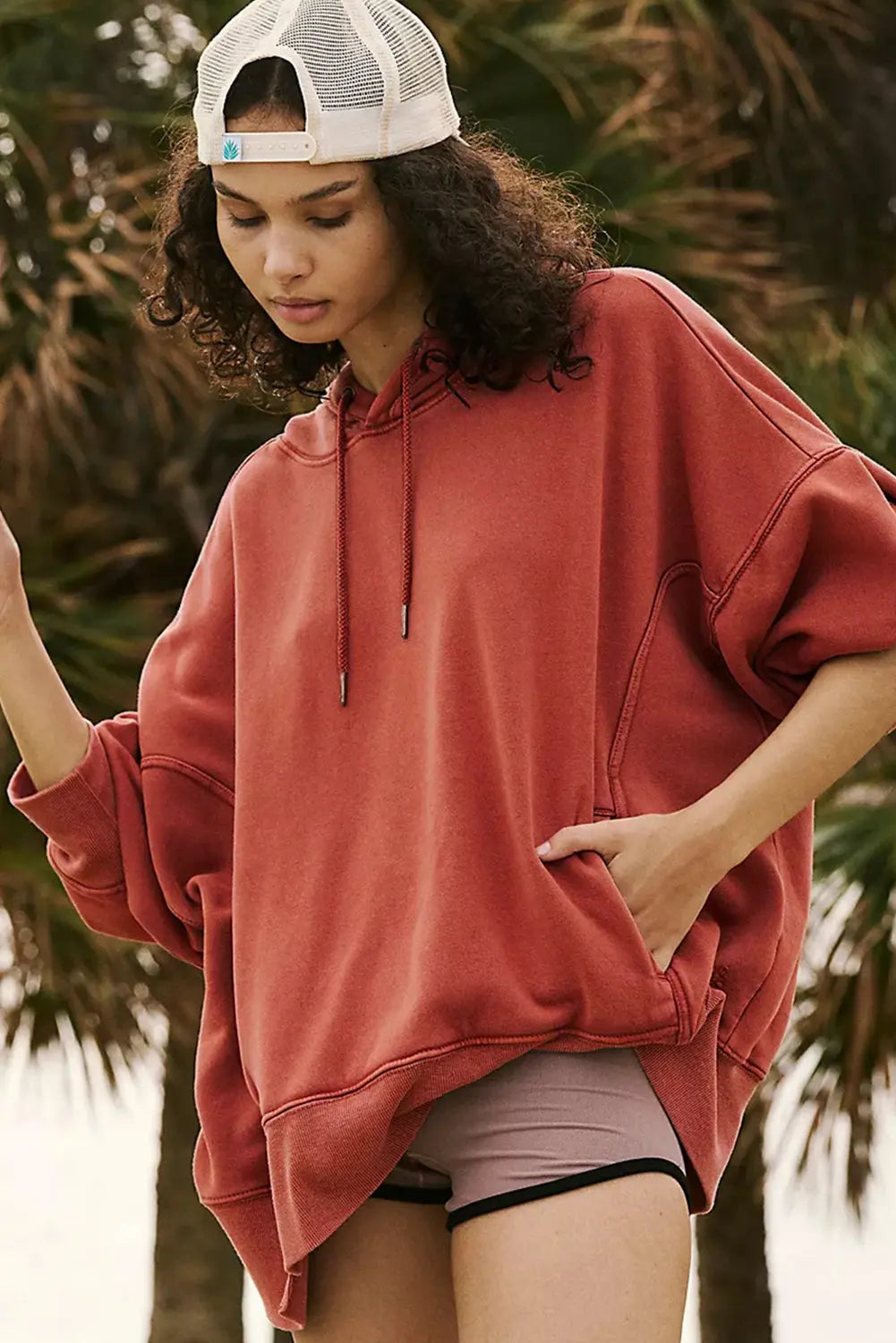 Red Clay Drop Shoulder Pocketed Baggy Drawstring Hoodie - eAura