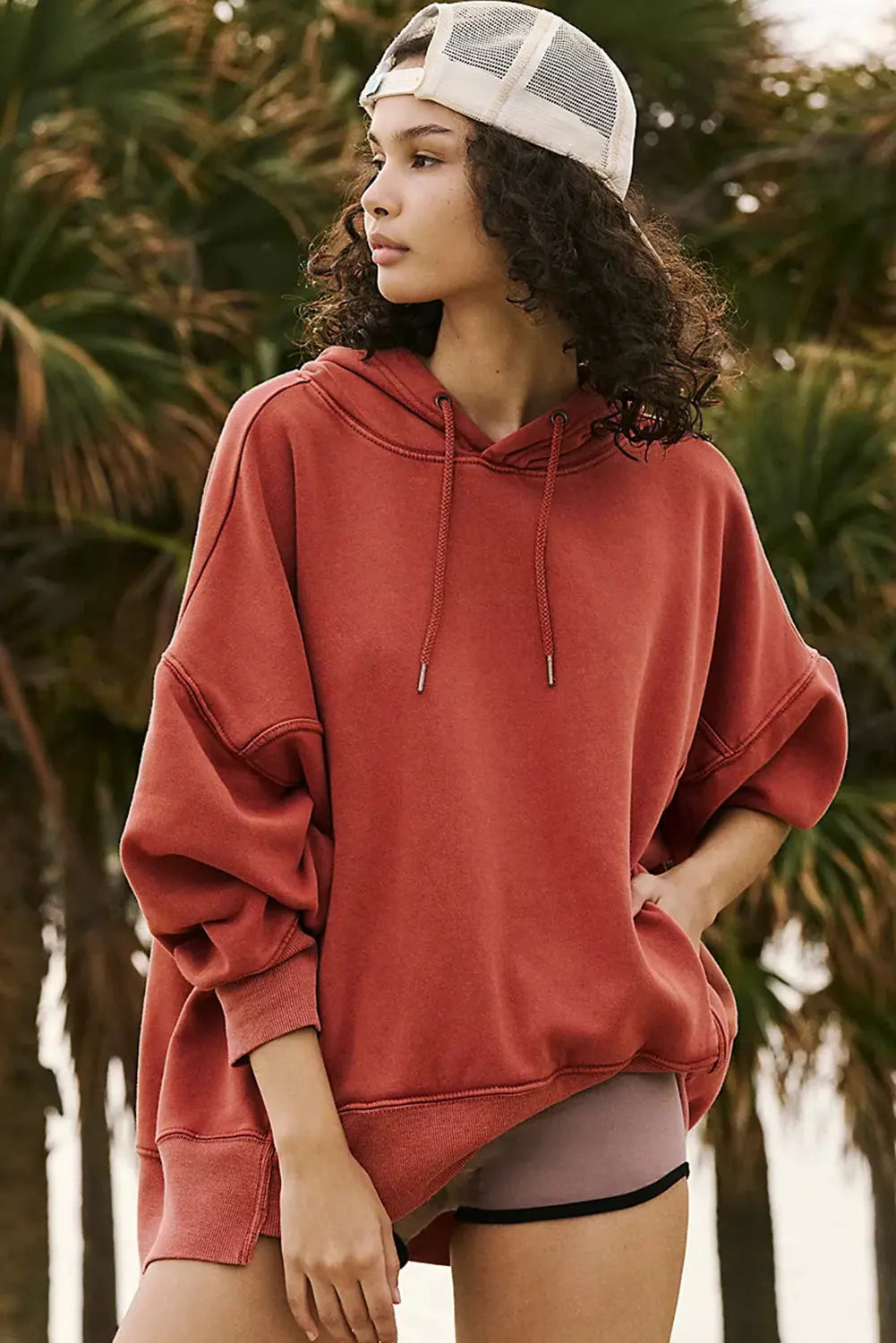 Red Clay Drop Shoulder Pocketed Baggy Drawstring Hoodie - eAura