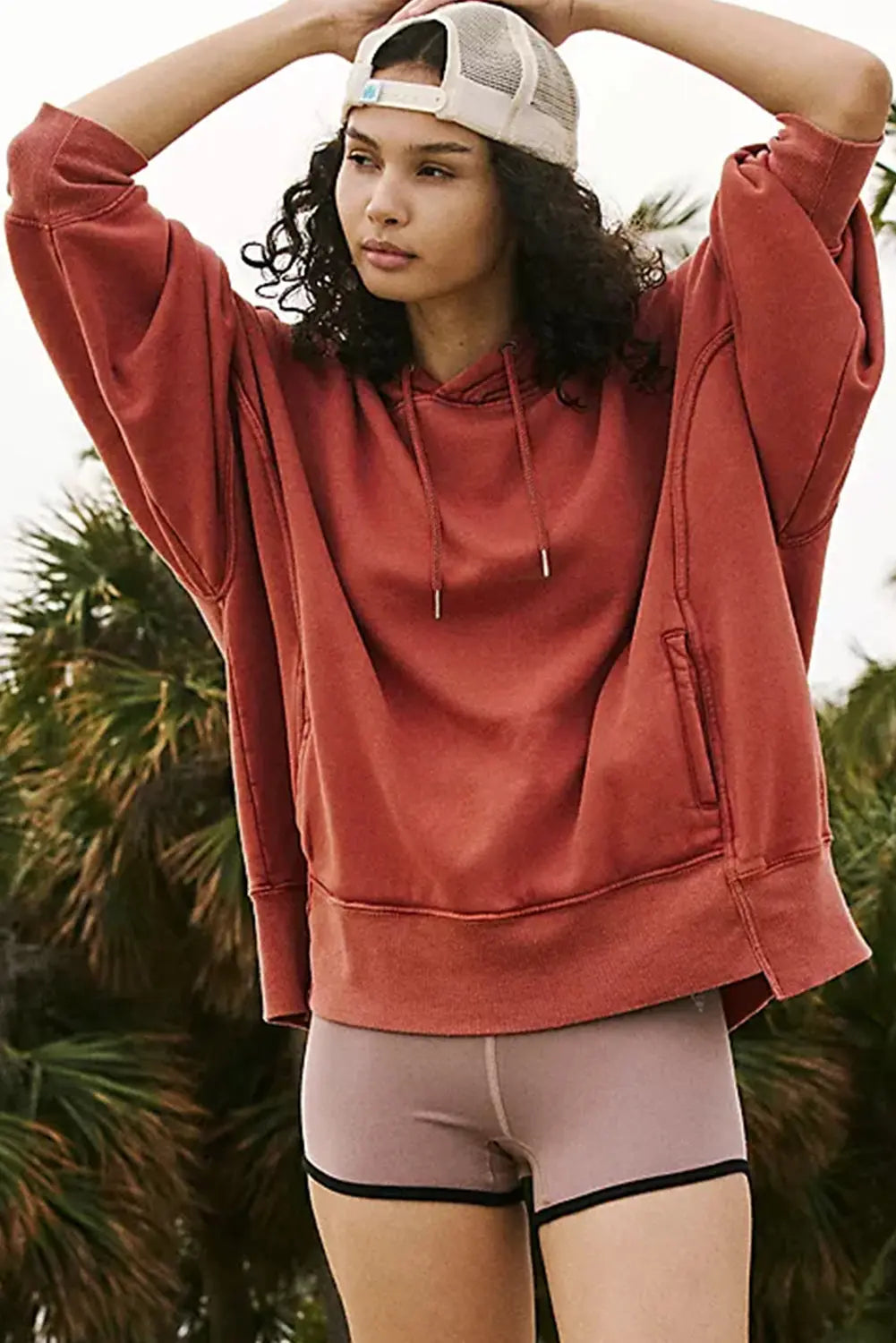 Red Clay Drop Shoulder Pocketed Baggy Drawstring Hoodie - eAura