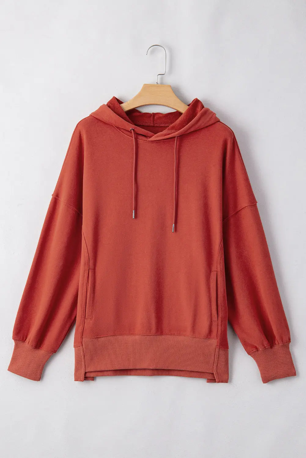 Red Clay Drop Shoulder Pocketed Baggy Drawstring Hoodie - eAura