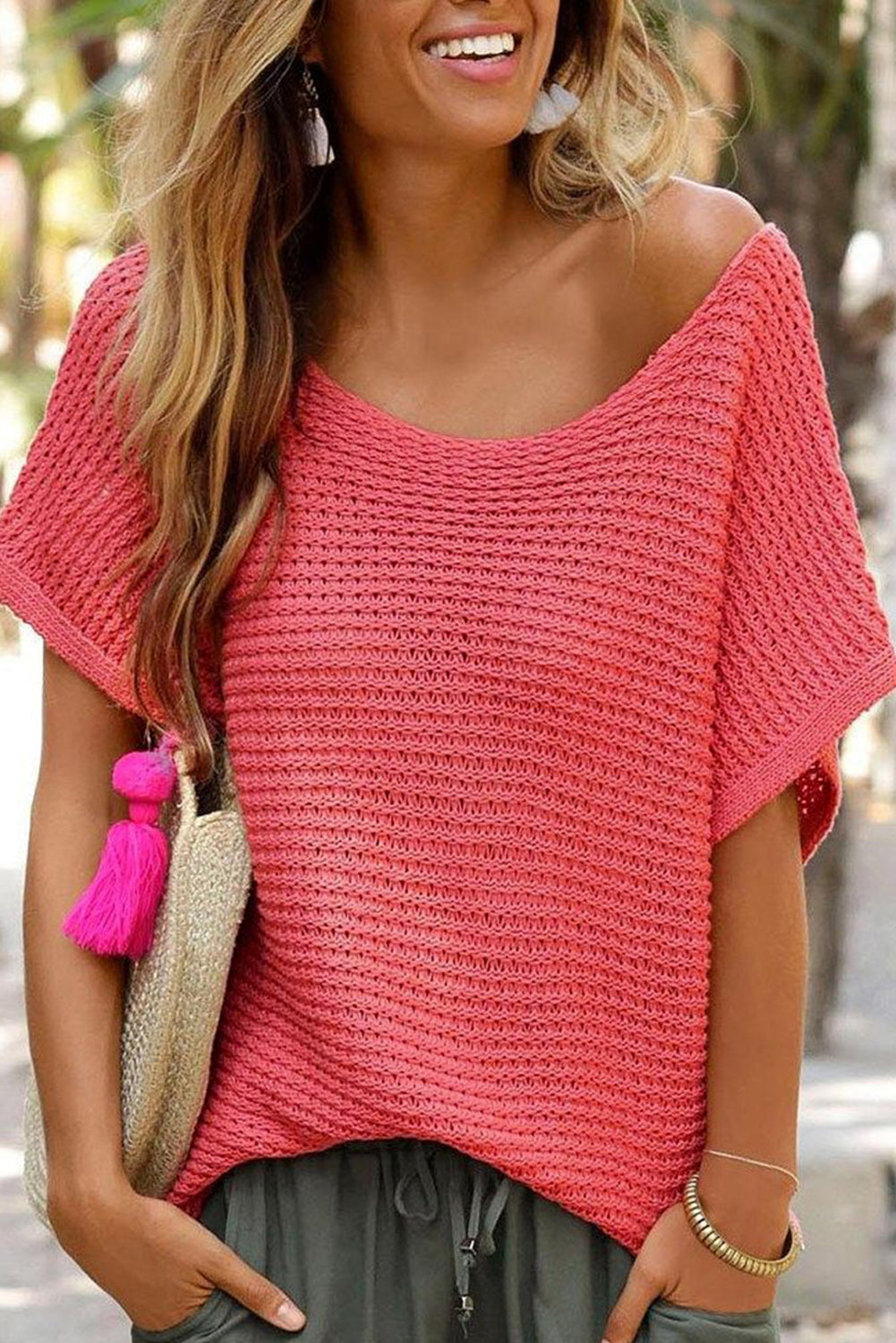 Red Clay Solid Loose Knit Short Dolman Sleeve Sweater - eAura