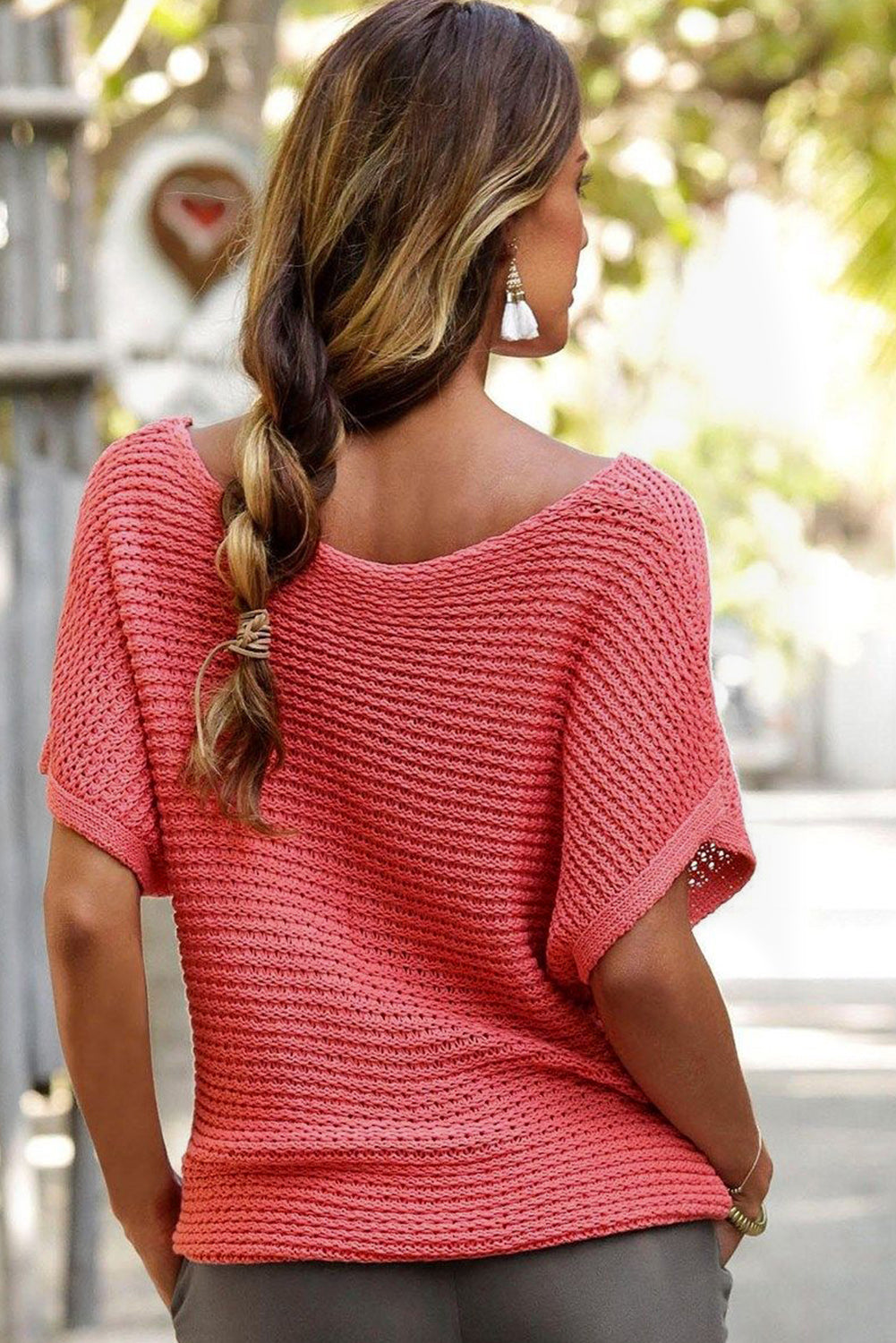 Red Clay Solid Loose Knit Short Dolman Sleeve Sweater - eAura