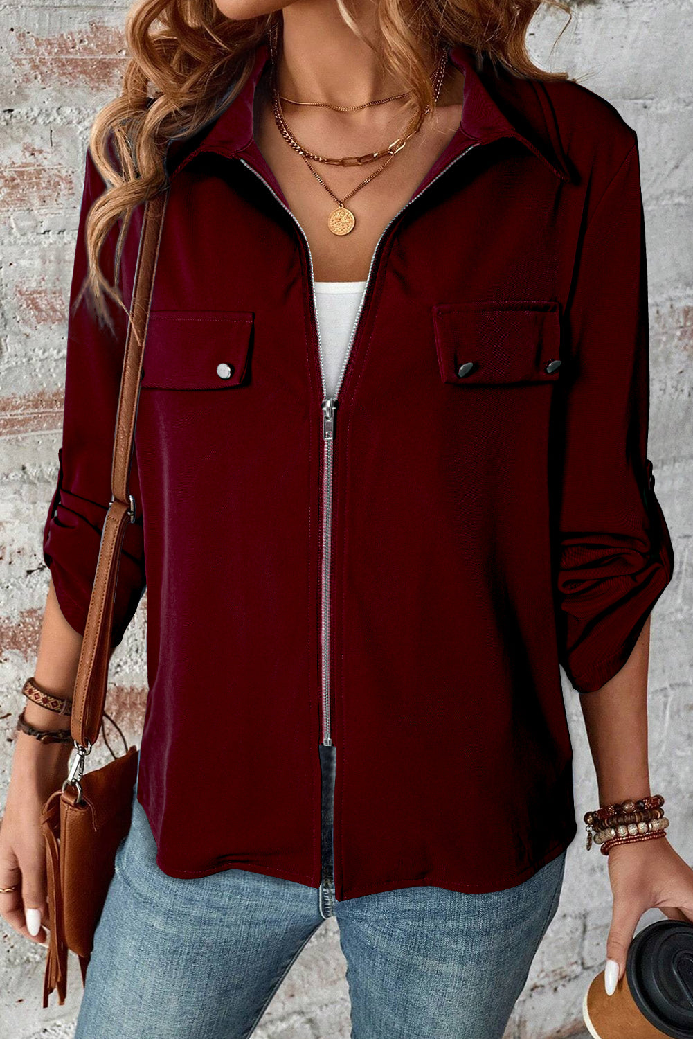 Red Dahlia Collar Tab Sleeve Zip Up Flap Detail Jacket - RED DAHLIA / S / 95% POLYESTER + 5% ELASTANE