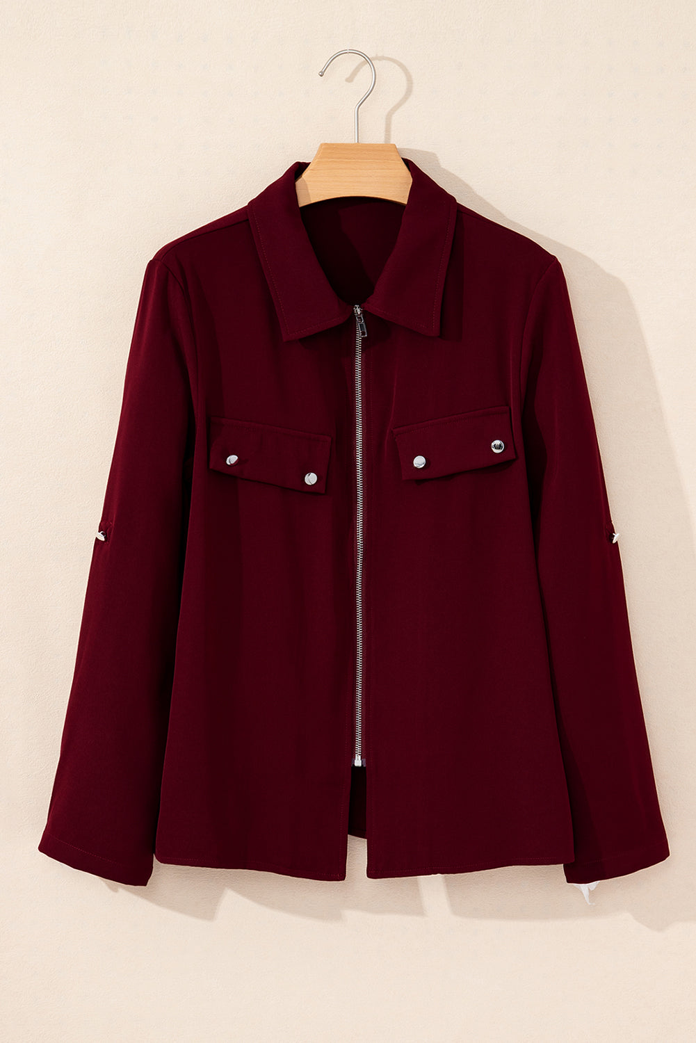 Red Dahlia Collar Tab Sleeve Zip Up Flap Detail Jacket - Outerwear/Jackets