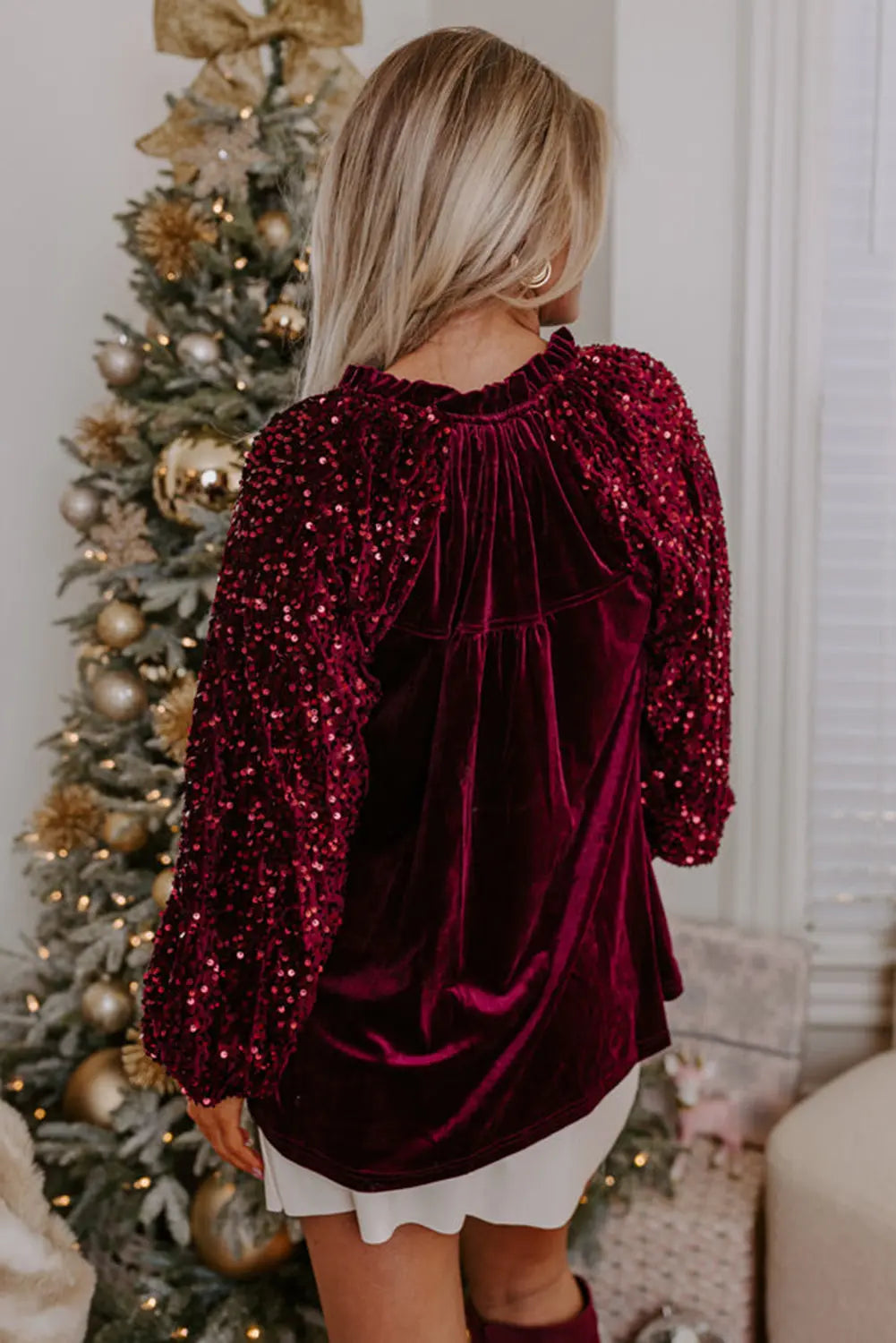Red Dahlia Sequin Patchwork Sleeve Button Up Velvet Top - eAura