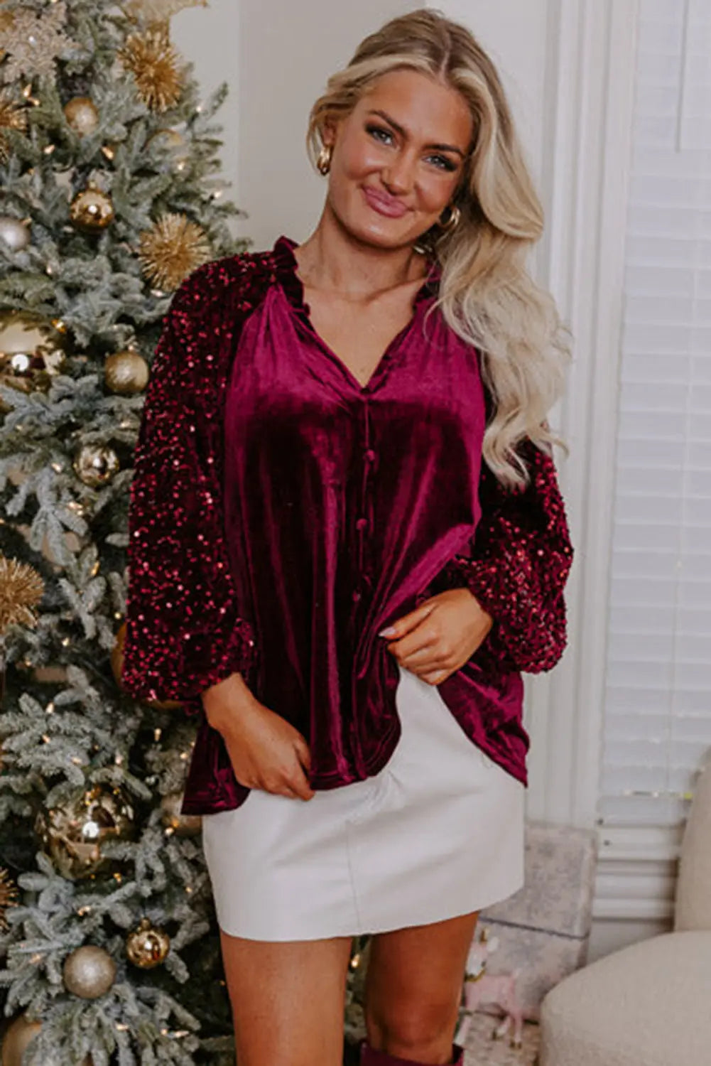 Red Dahlia Sequin Patchwork Sleeve Button Up Velvet Top - eAura