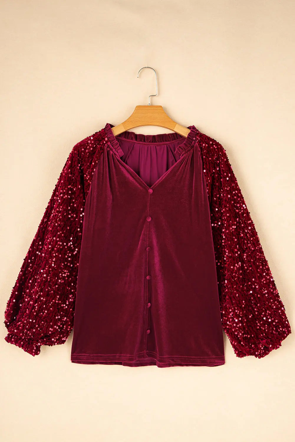 Red Dahlia Sequin Patchwork Sleeve Button Up Velvet Top - eAura