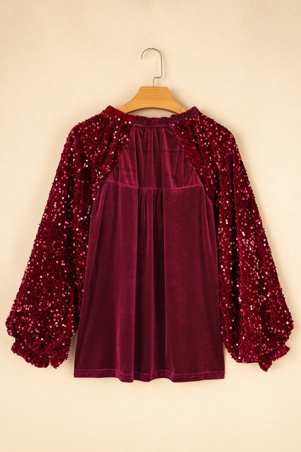 Red Dahlia Sequin Patchwork Sleeve Button Up Velvet Top - eAura