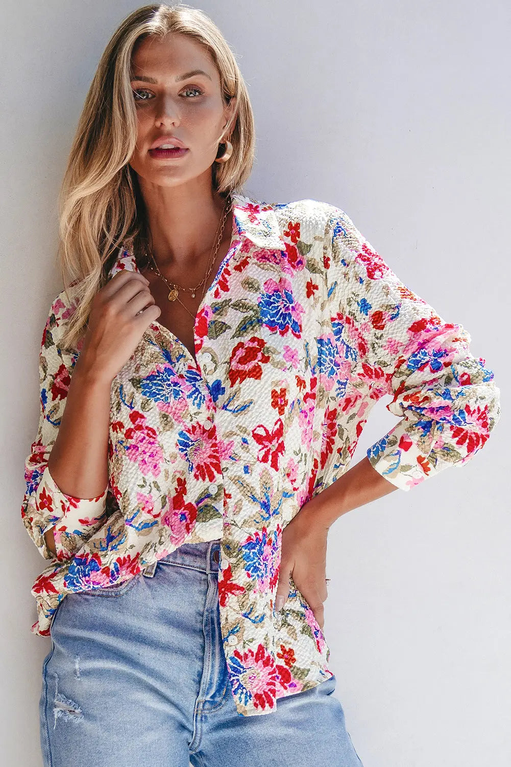 Red Floral Print Slim Fit Buttoned Turn Down Collar Shirt Beagle Boutique Fashion Outlet