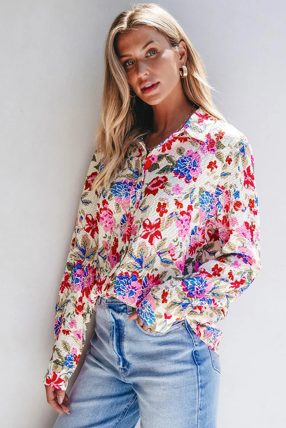 Red Floral Print Slim Fit Buttoned Turn Down Collar Shirt Beagle Boutique Fashion Outlet