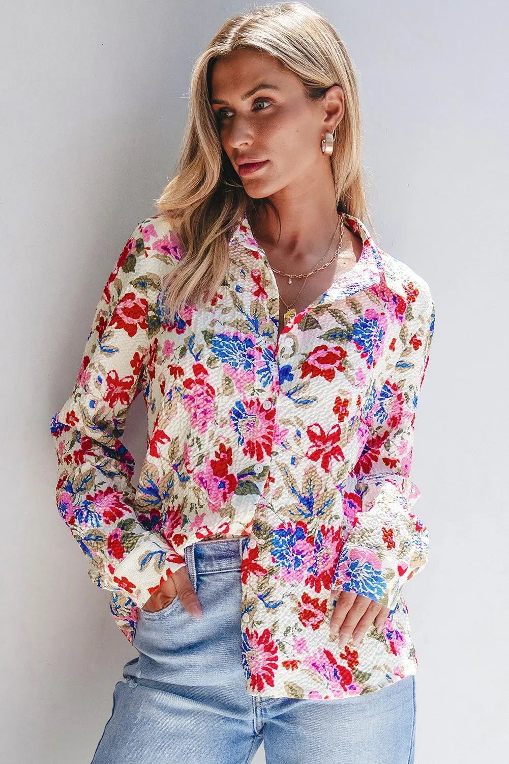 Red Floral Print Slim Fit Buttoned Turn Down Collar Shirt Beagle Boutique Fashion Outlet