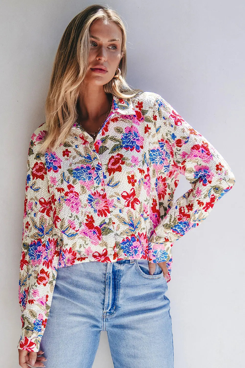 Red Floral Print Slim Fit Buttoned Turn Down Collar Shirt Beagle Boutique Fashion Outlet