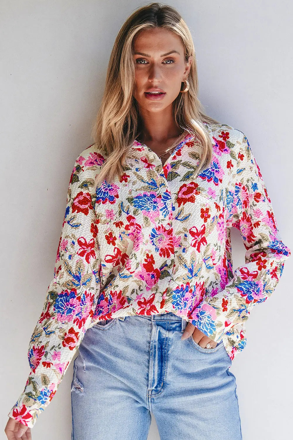 Red Floral Print Slim Fit Buttoned Turn Down Collar Shirt Beagle Boutique Fashion Outlet