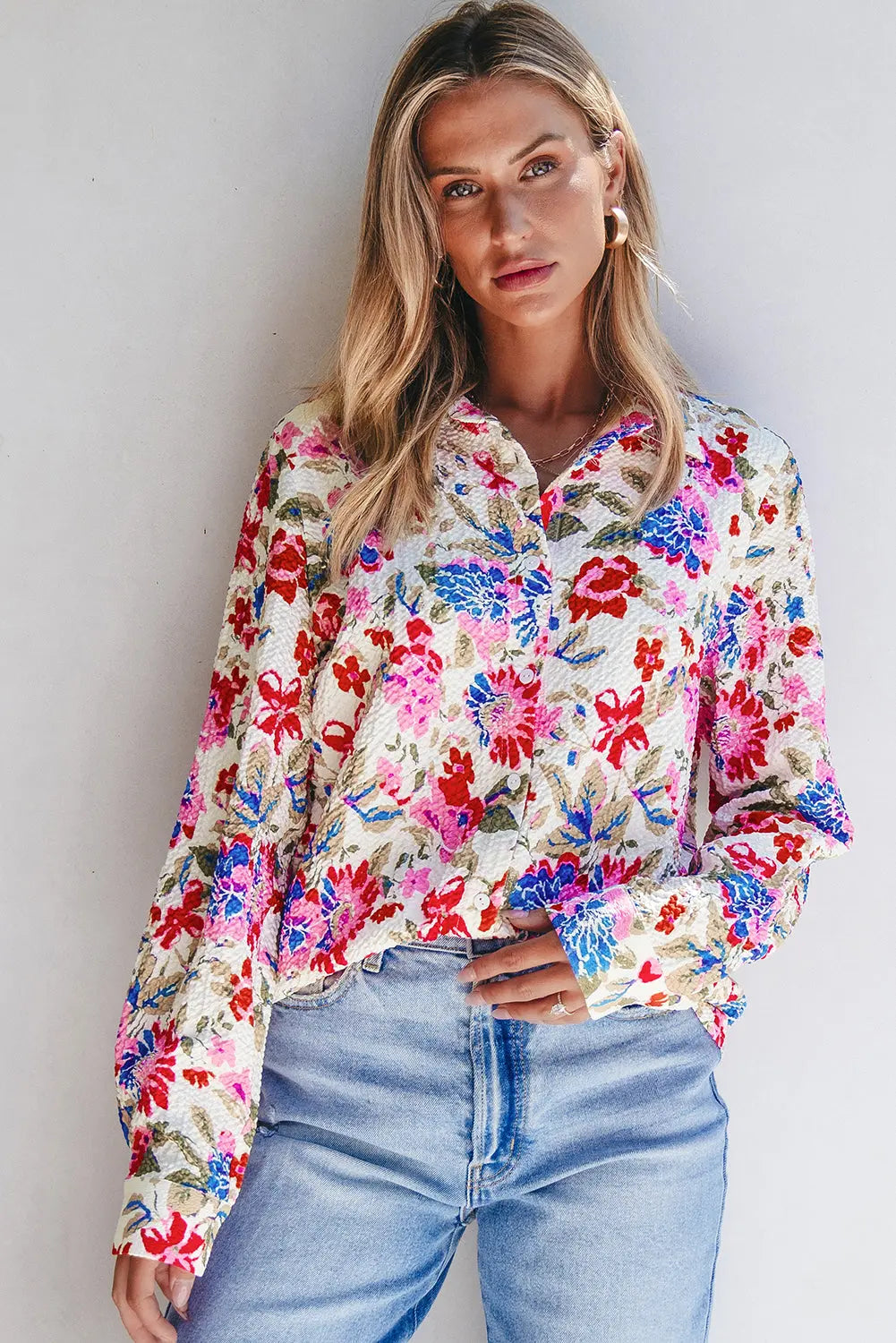 Red Floral Print Slim Fit Buttoned Turn Down Collar Shirt Beagle Boutique Fashion Outlet