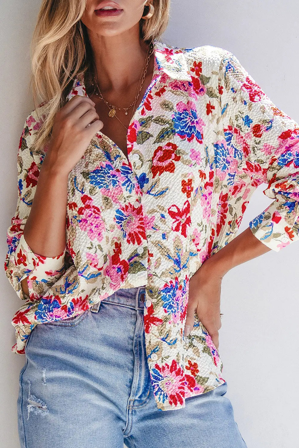 Red Floral Print Slim Fit Buttoned Turn Down Collar Shirt Beagle Boutique Fashion Outlet