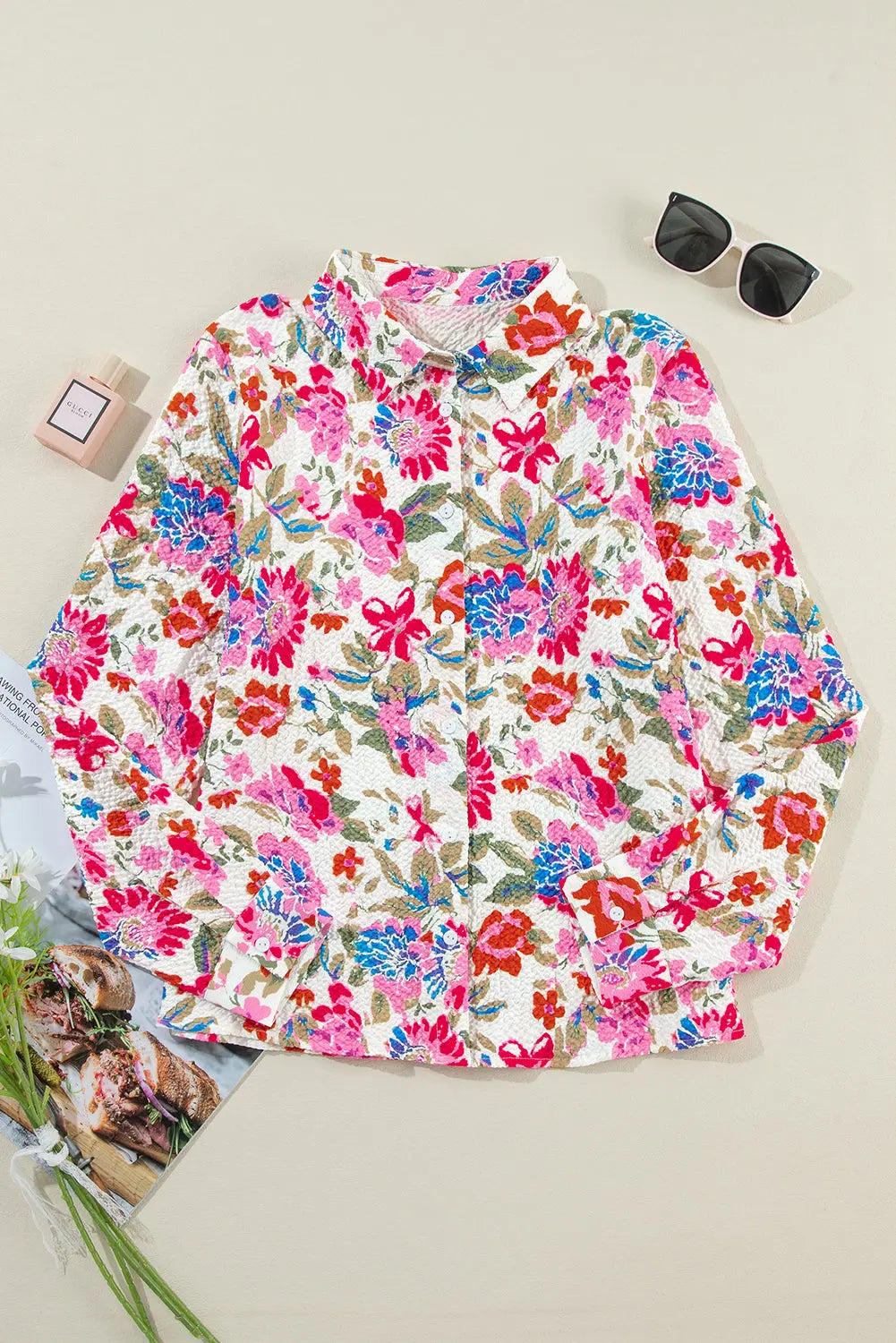 Red Floral Print Slim Fit Buttoned Turn Down Collar Shirt Beagle Boutique Fashion Outlet