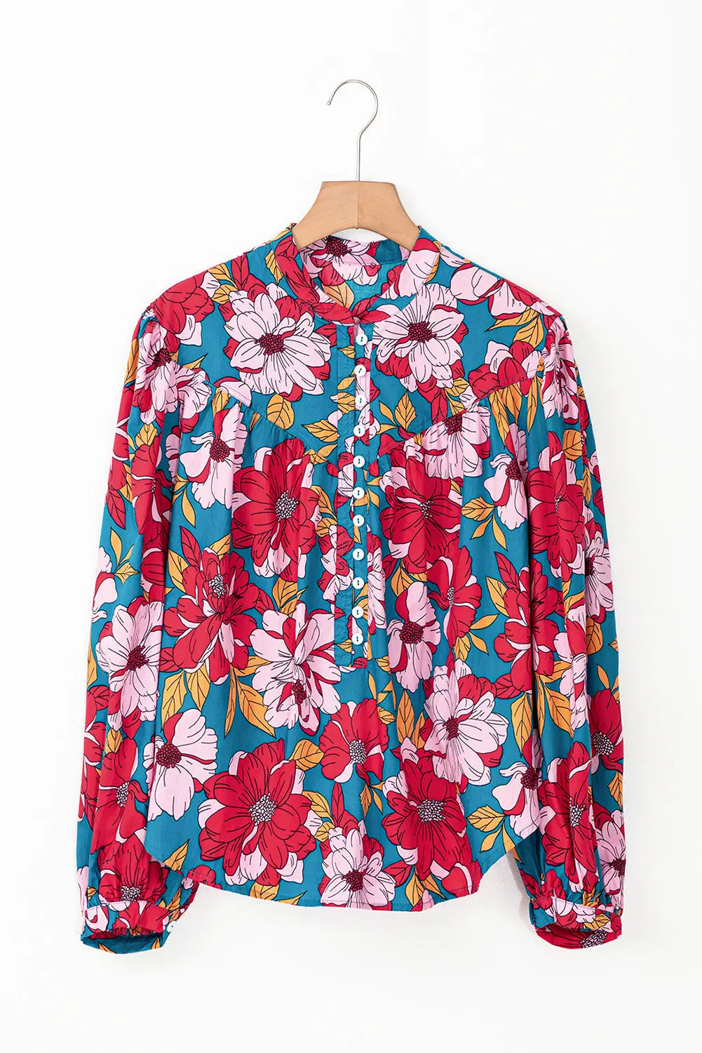 Red Floral Printed Balloon Sleeve Half Buttons Blouse - eAura