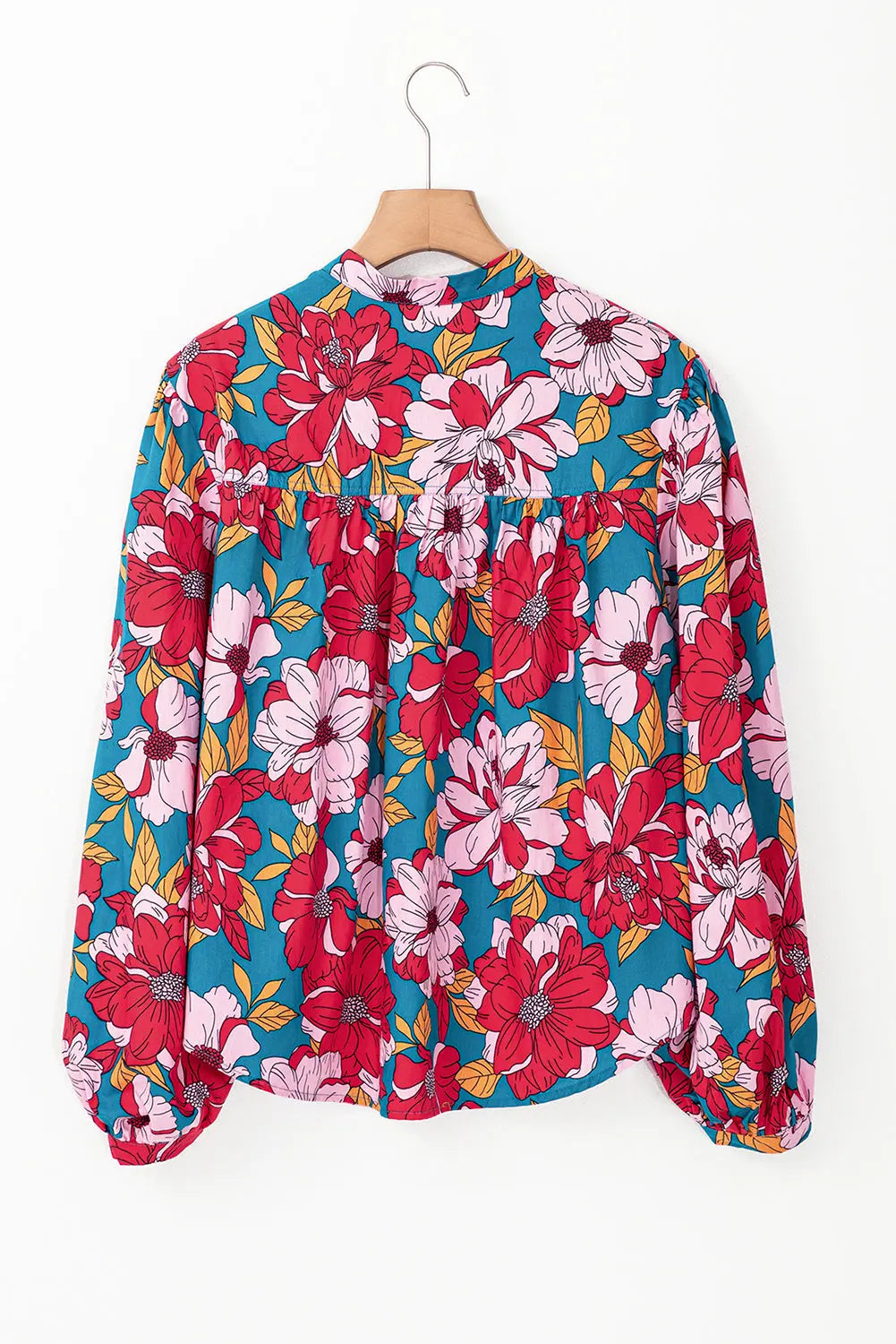 Red Floral Printed Balloon Sleeve Half Buttons Blouse - eAura