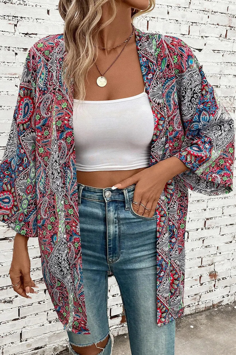 Red Paisley Print Open Front Kimono Beagle Boutique Fashion Outlet