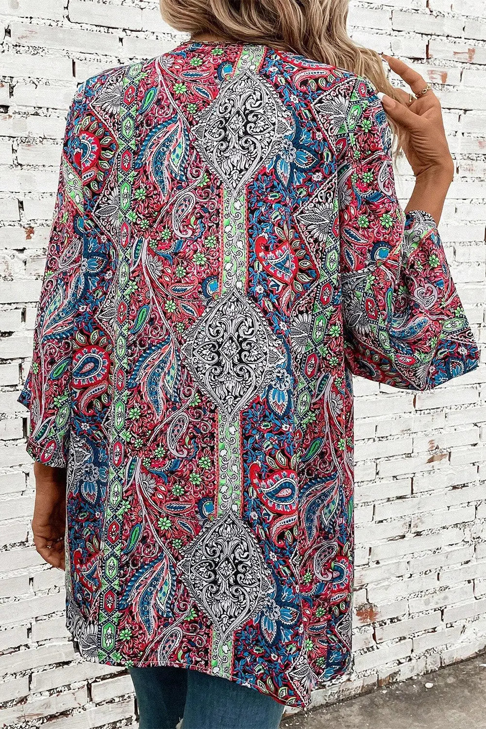 Red Paisley Print Open Front Kimono Beagle Boutique Fashion Outlet