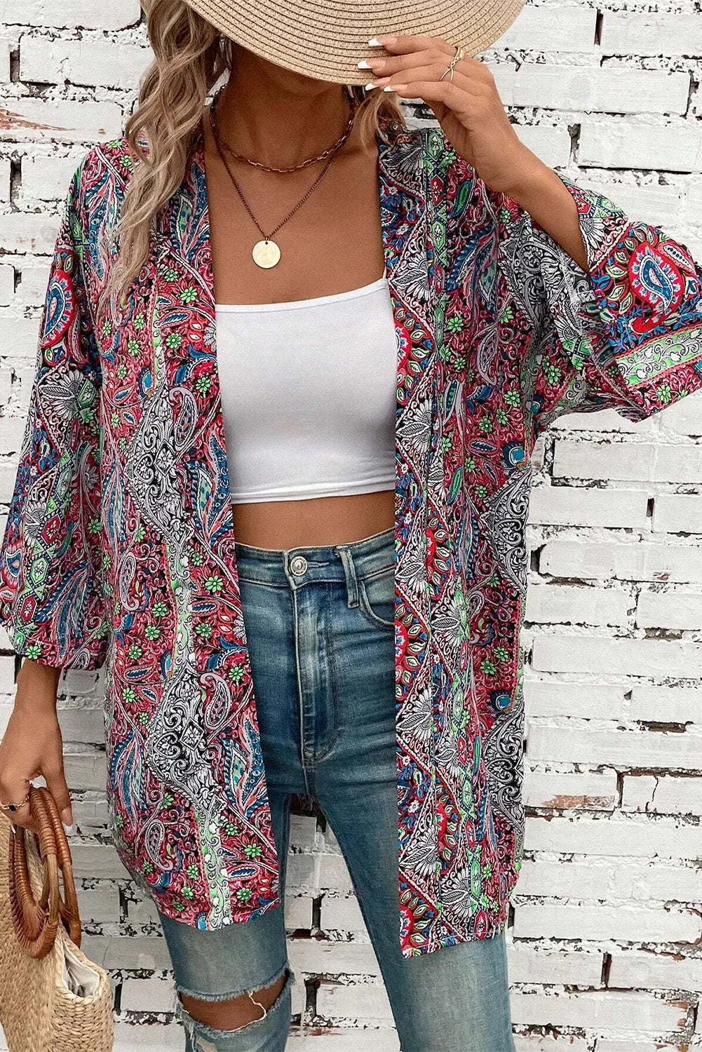 Red Paisley Print Open Front Kimono Beagle Boutique Fashion Outlet