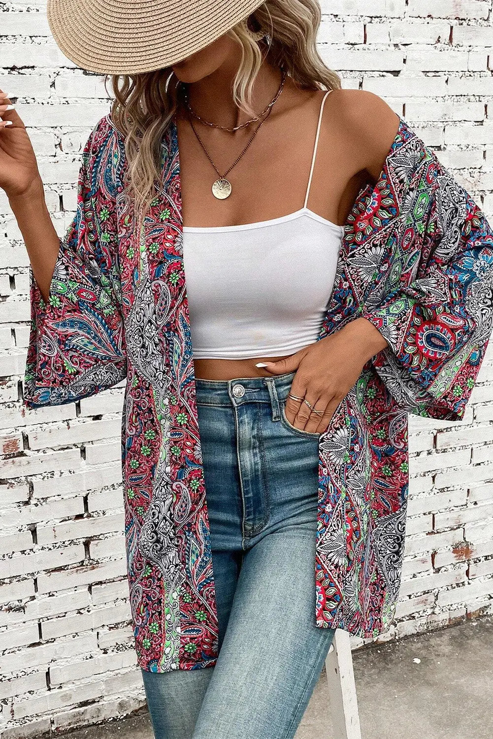Red Paisley Print Open Front Kimono Beagle Boutique Fashion Outlet