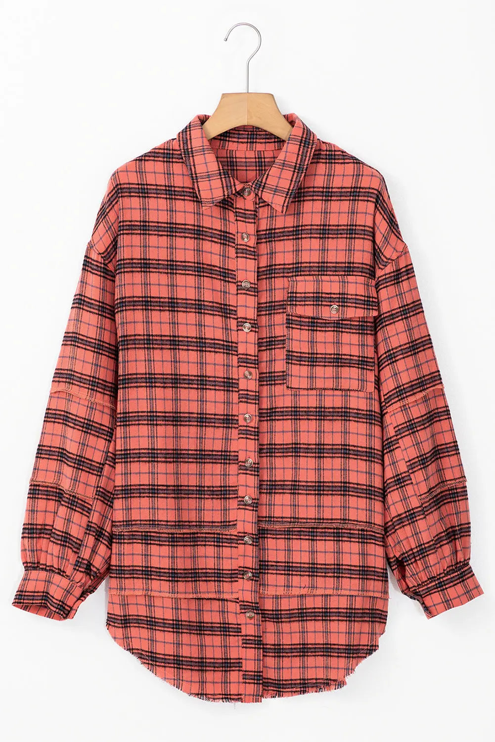 Red Plaid Long Sleeeve Side Split Distressed Hem Shirt - eAura