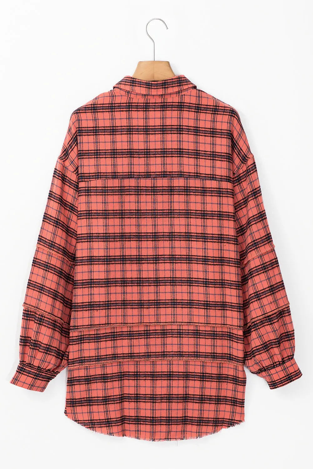 Red Plaid Long Sleeeve Side Split Distressed Hem Shirt - eAura