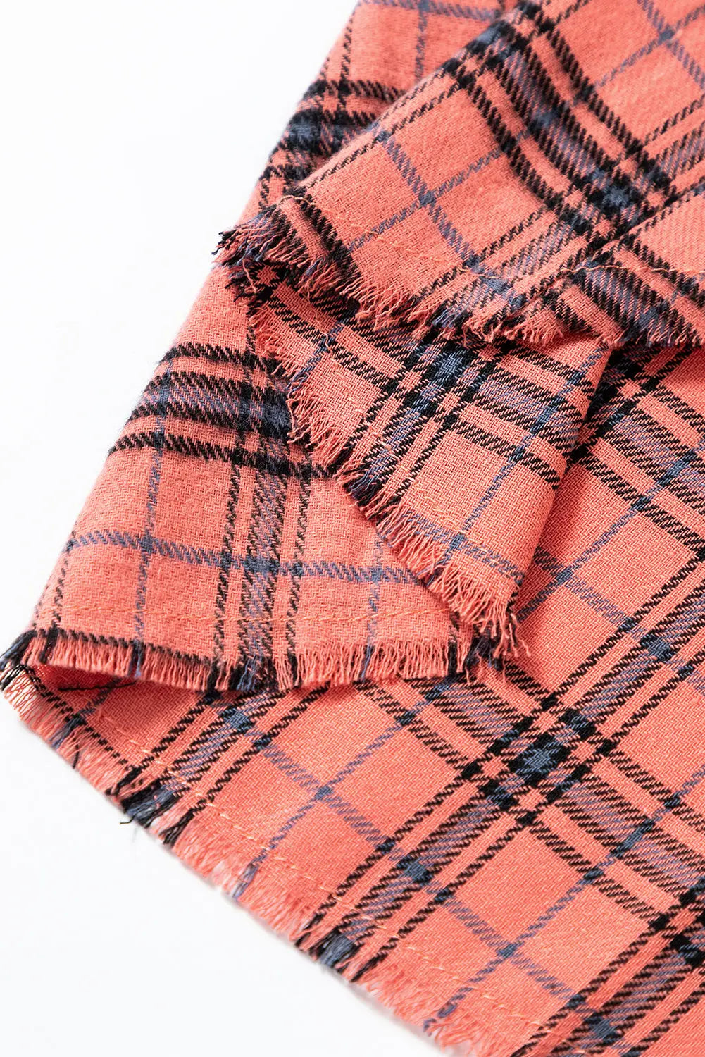 Red Plaid Long Sleeeve Side Split Distressed Hem Shirt - eAura