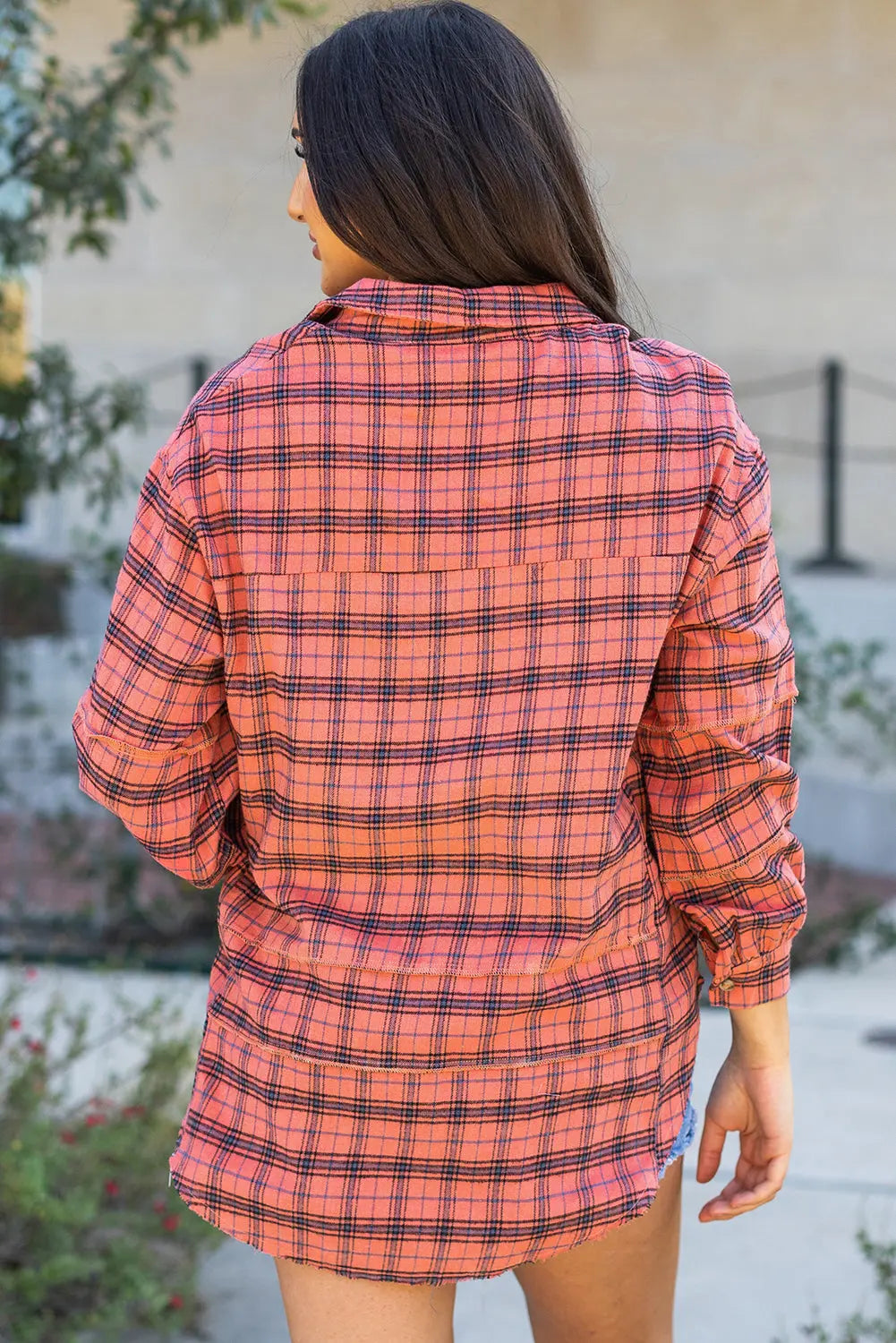 Red Plaid Long Sleeeve Side Split Distressed Hem Shirt - eAura