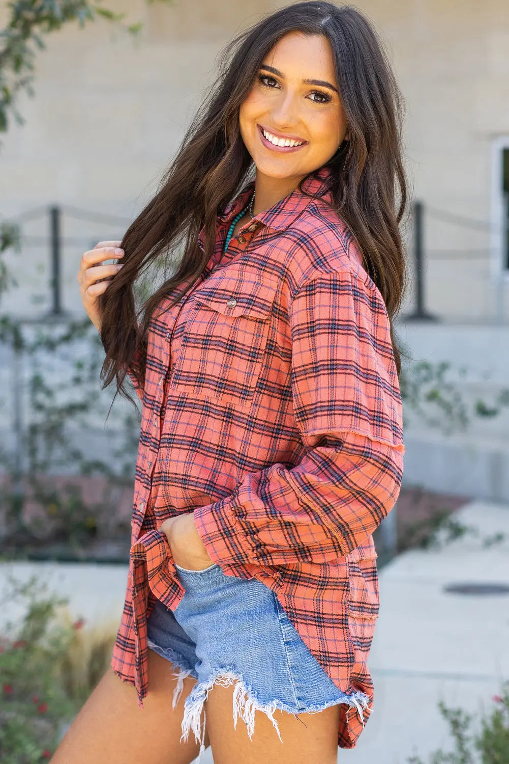 Red Plaid Long Sleeeve Side Split Distressed Hem Shirt - eAura