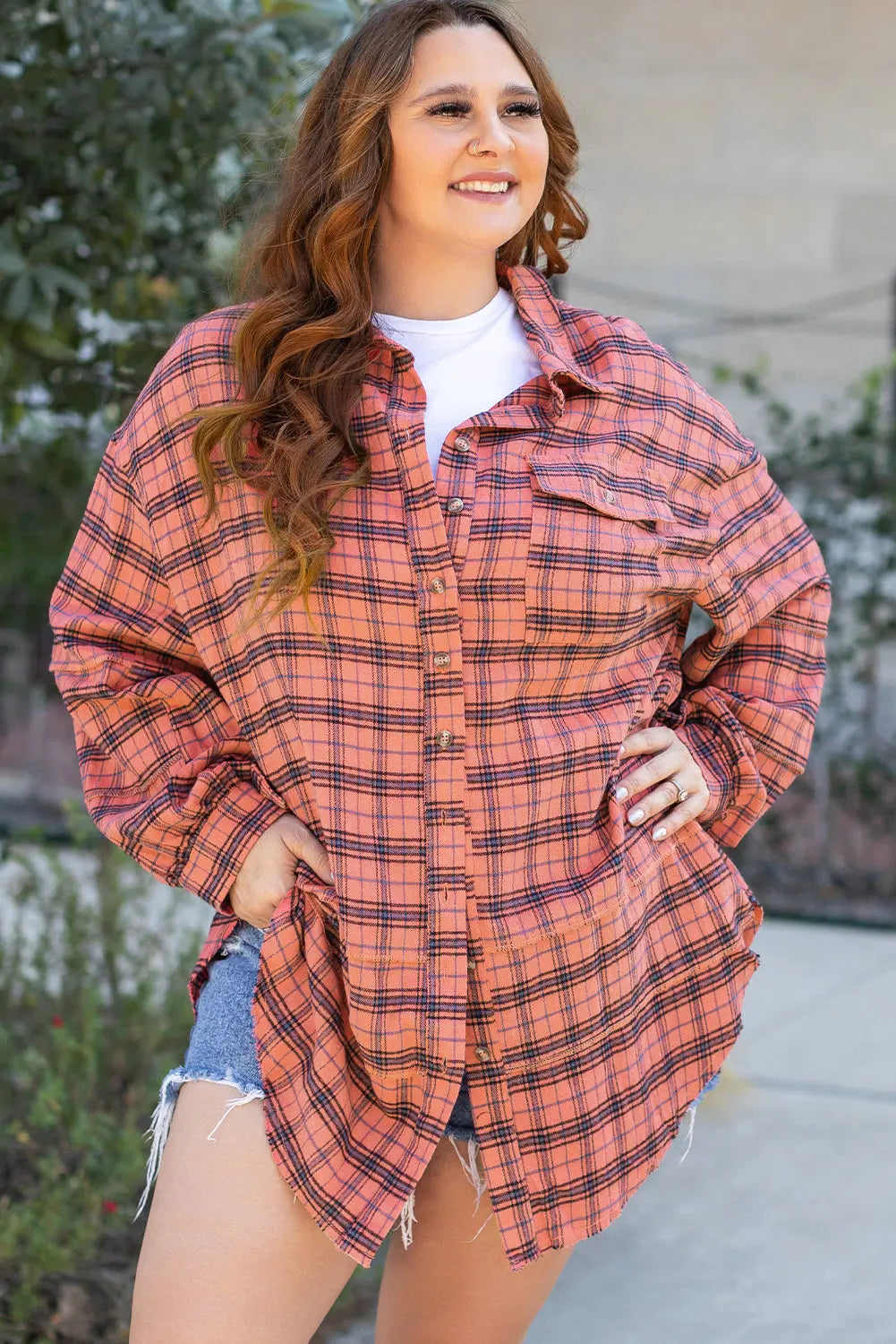 Red Plaid Long Sleeeve Side Split Distressed Hem Shirt - eAura