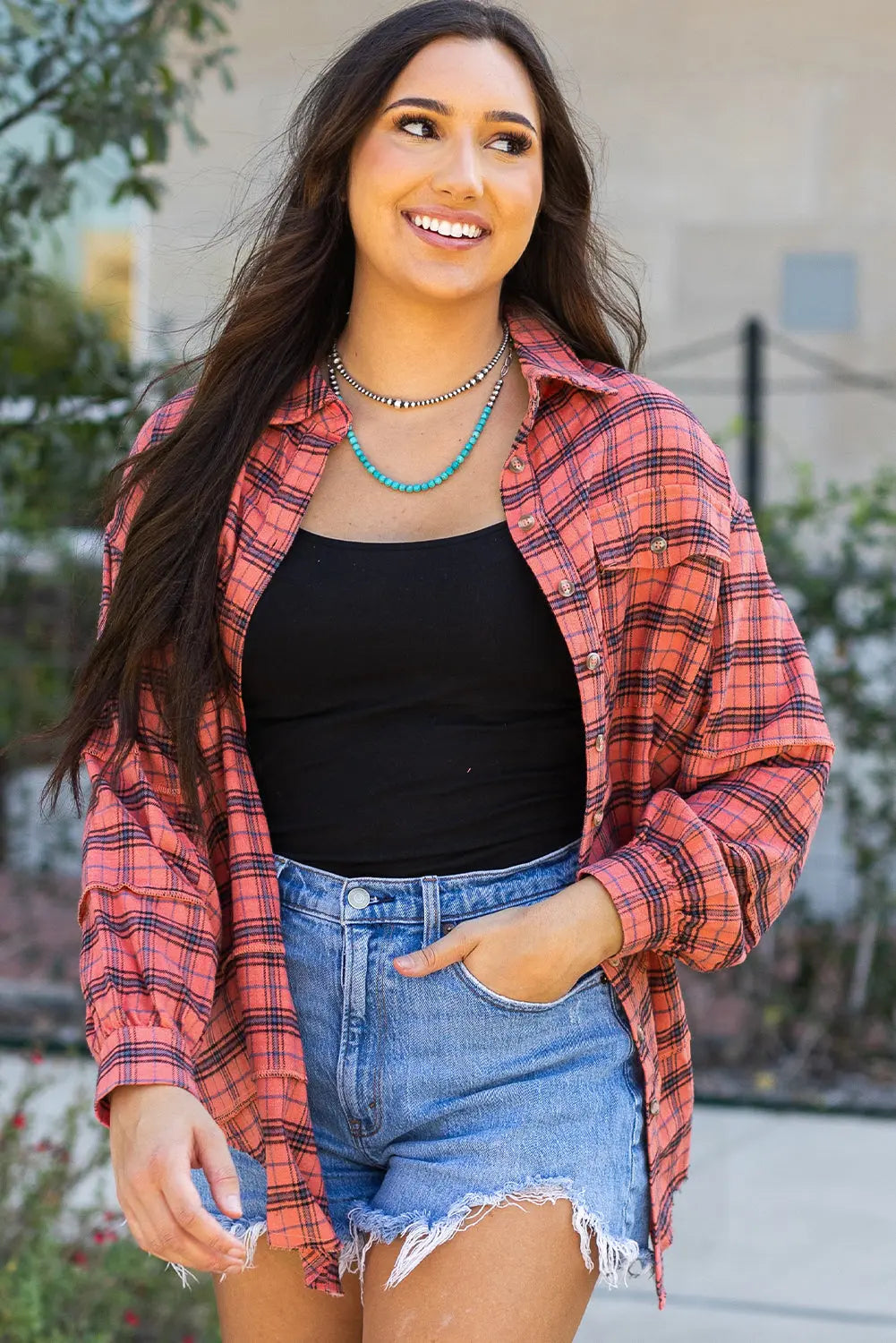 Red Plaid Long Sleeeve Side Split Distressed Hem Shirt - eAura