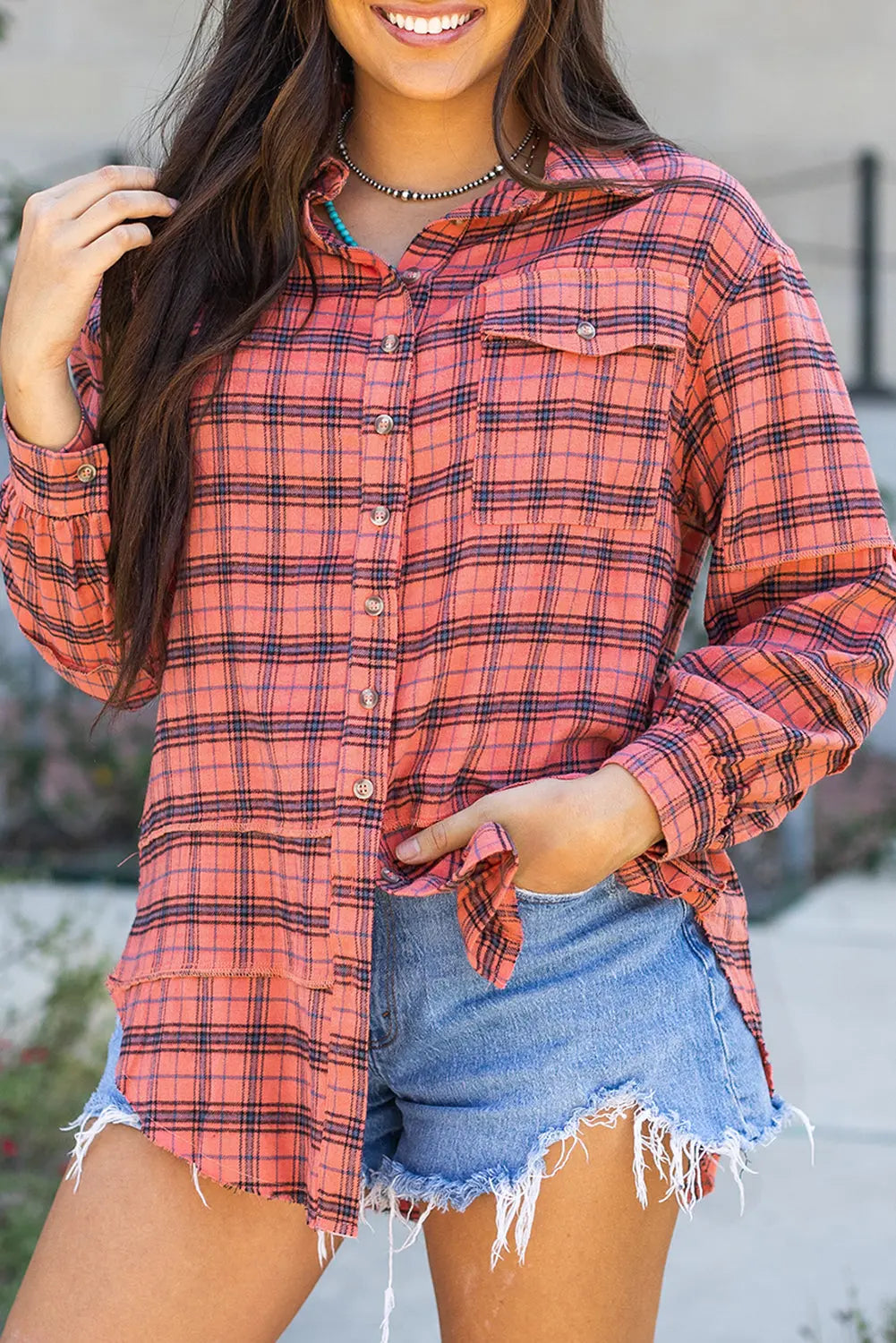 Red Plaid Long Sleeeve Side Split Distressed Hem Shirt - eAura