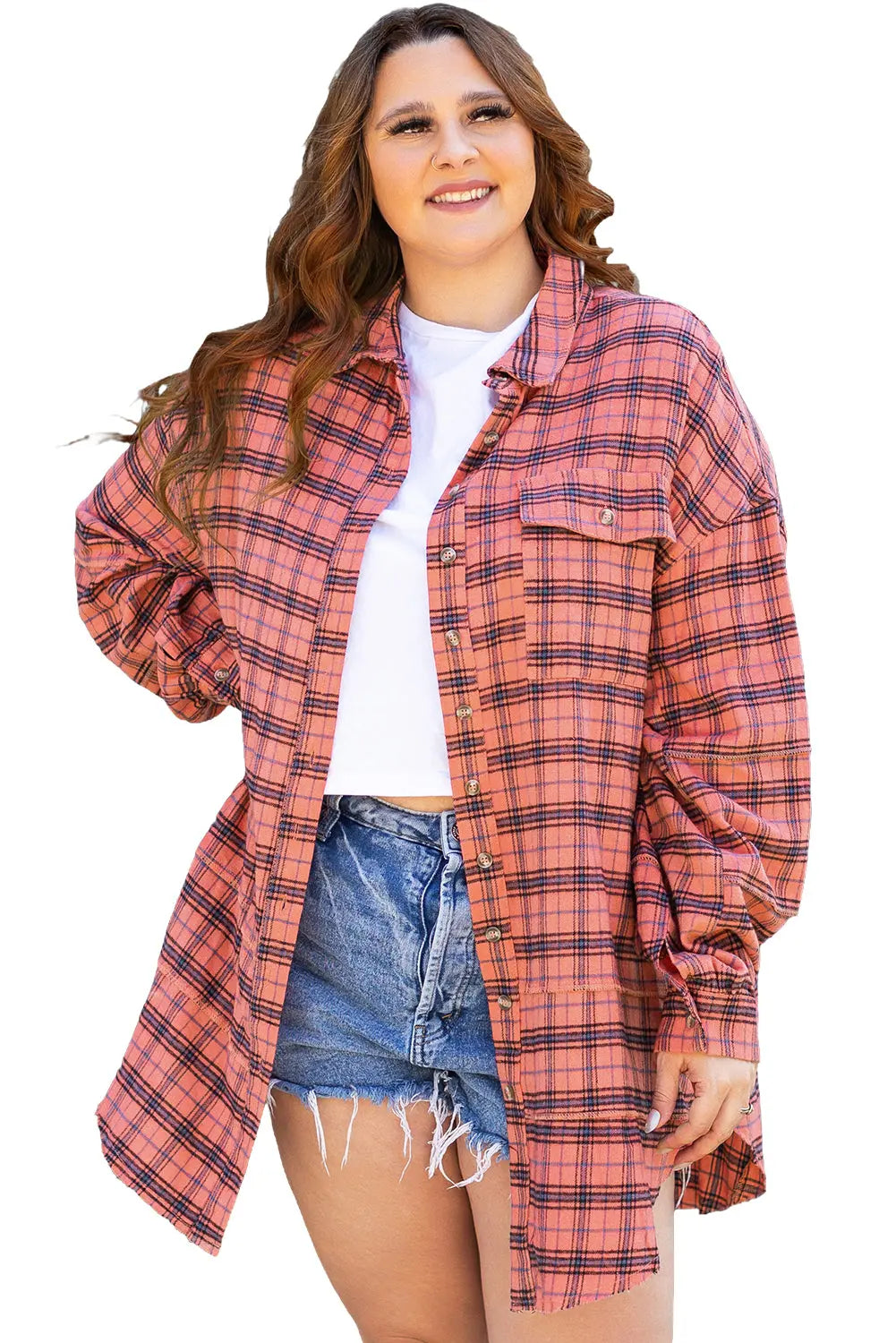 Red Plaid Long Sleeeve Side Split Distressed Hem Shirt - eAura