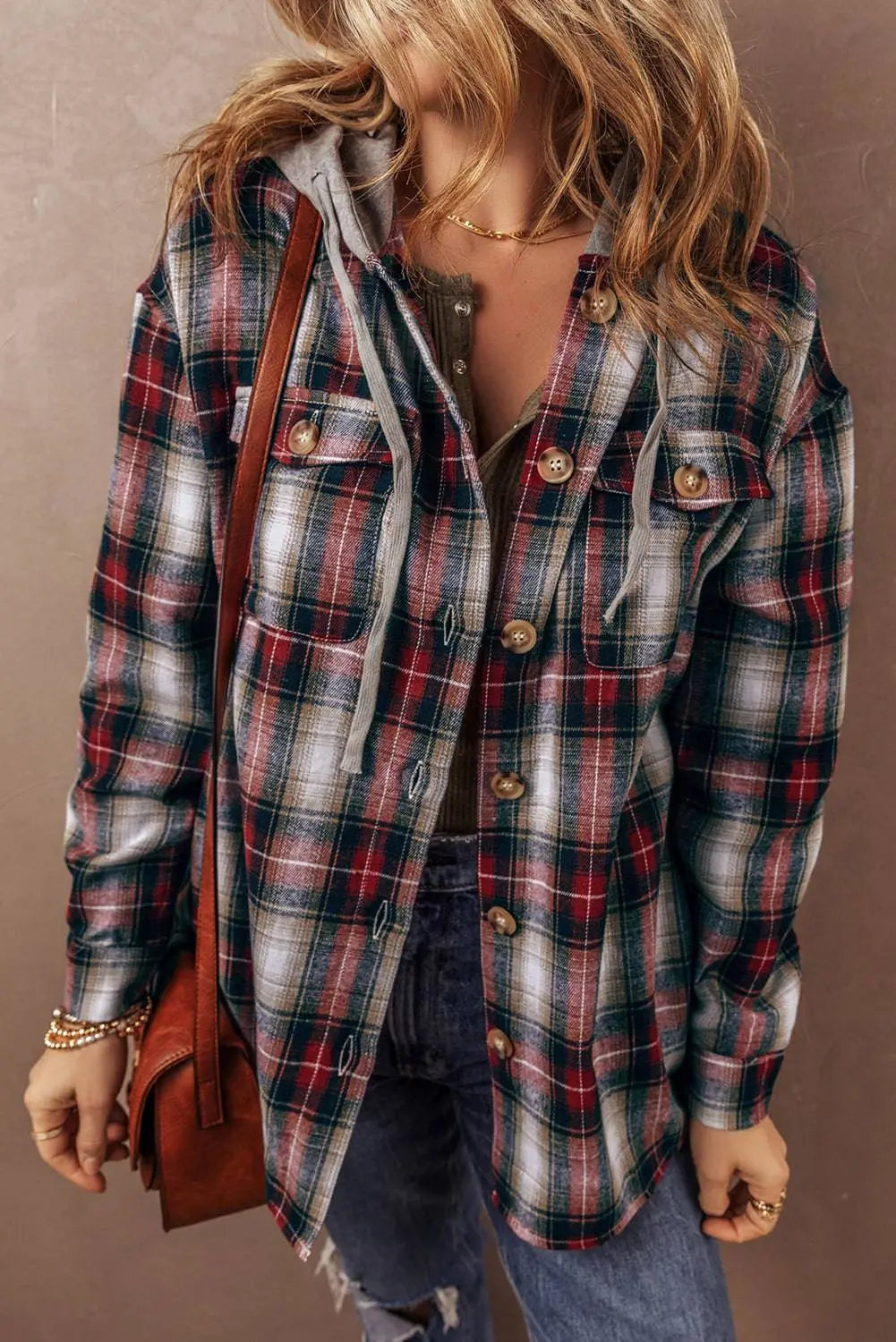 Red Plaid Print Chest Pocket Buttoned Hooded Shacket - BB Fashion Outlet