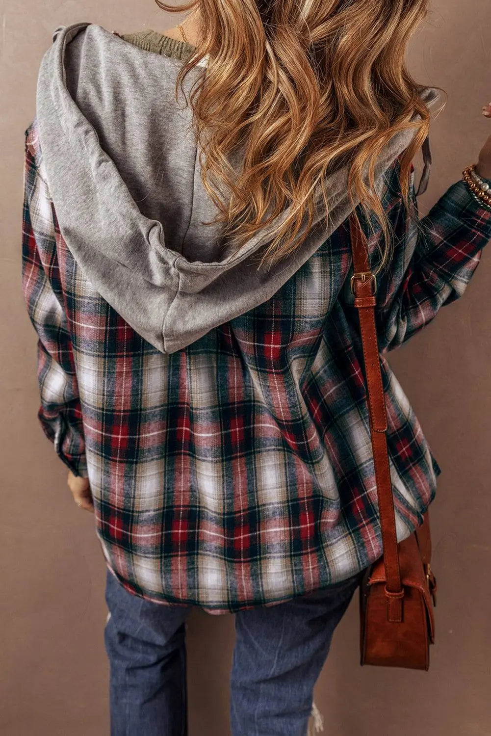 Red Plaid Print Chest Pocket Buttoned Hooded Shacket - BB Fashion Outlet