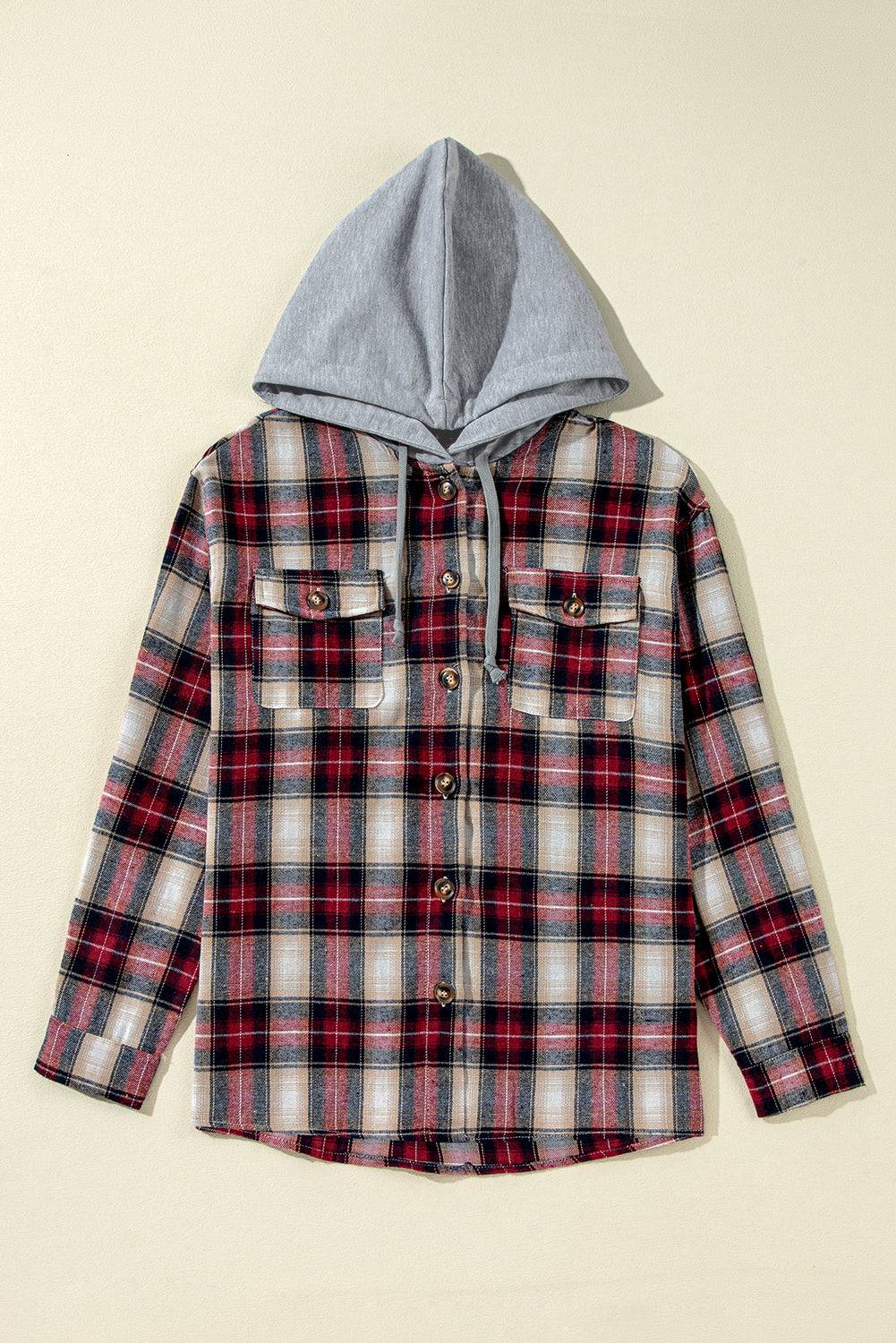 Red Plaid Print Chest Pocket Buttoned Hooded Shacket - BB Fashion Outlet