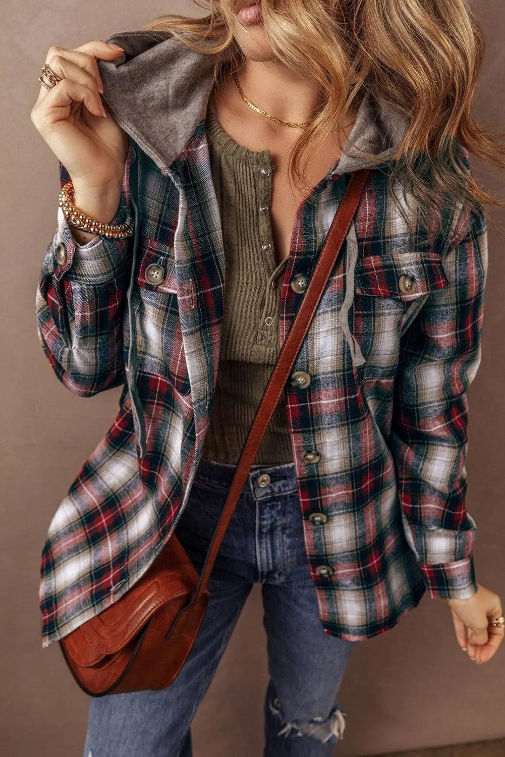 Red Plaid Print Chest Pocket Buttoned Hooded Shacket - BB Fashion Outlet
