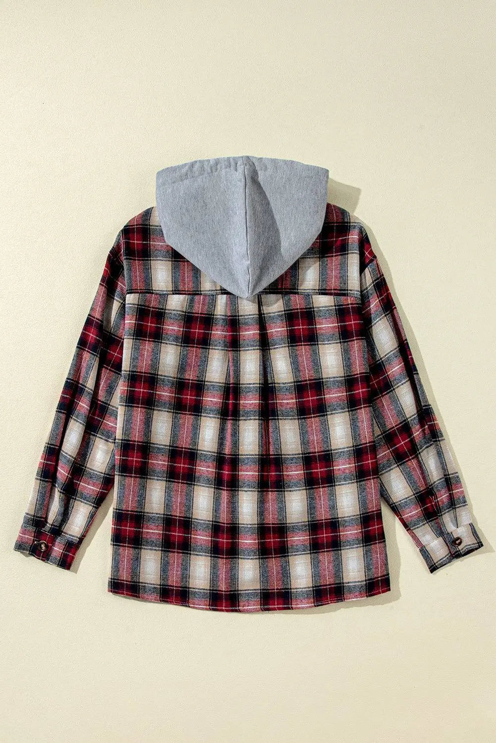 Red Plaid Print Chest Pocket Buttoned Hooded Shacket - BB Fashion Outlet