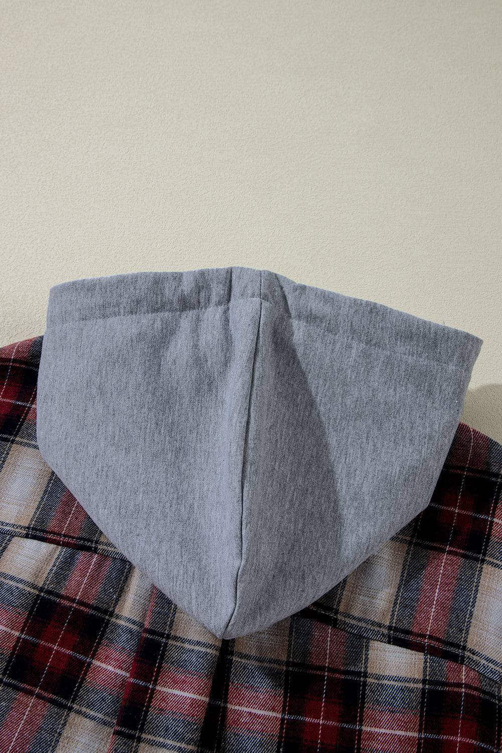Red Plaid Print Chest Pocket Buttoned Hooded Shacket - BB Fashion Outlet
