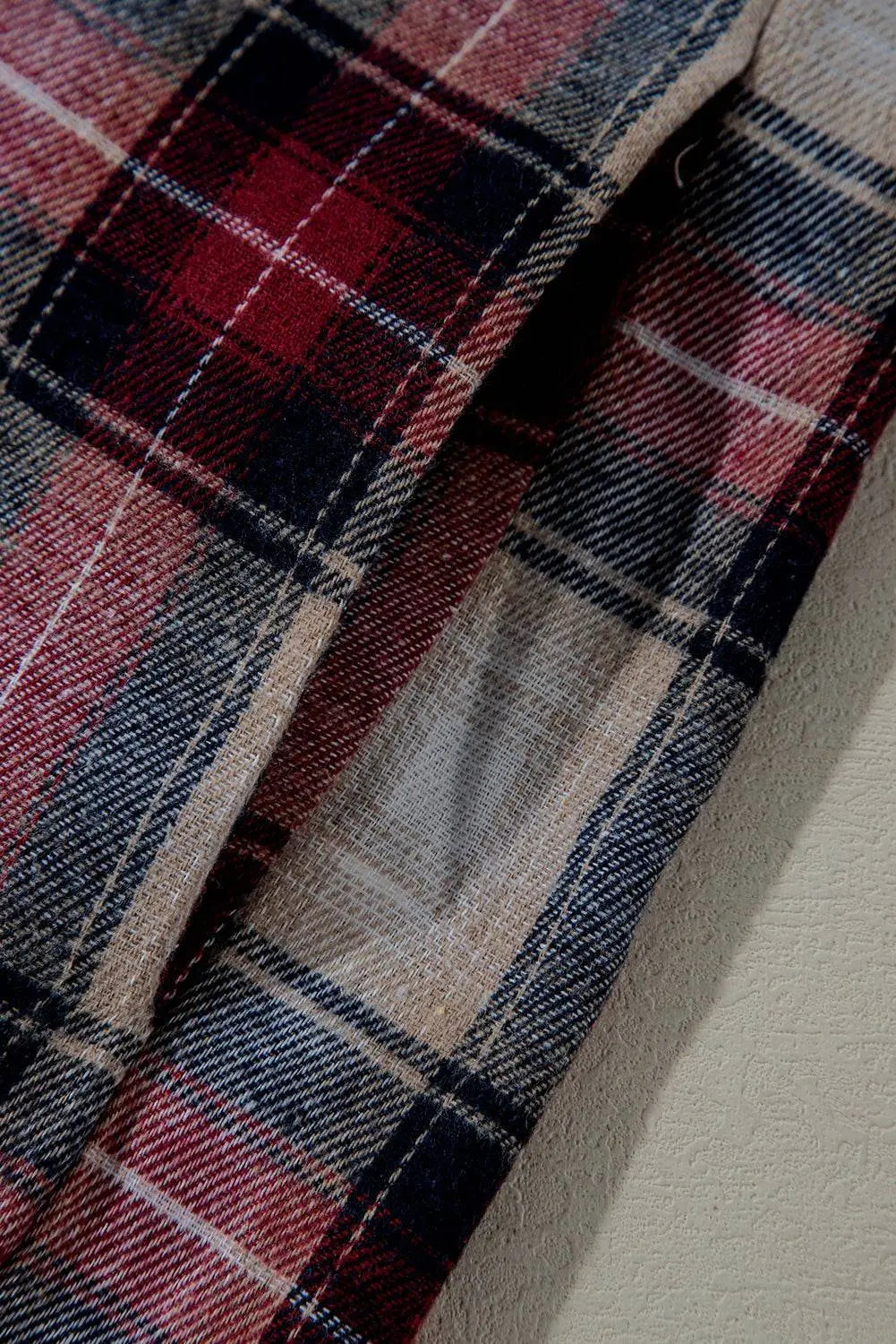 Red Plaid Print Chest Pocket Buttoned Hooded Shacket - BB Fashion Outlet