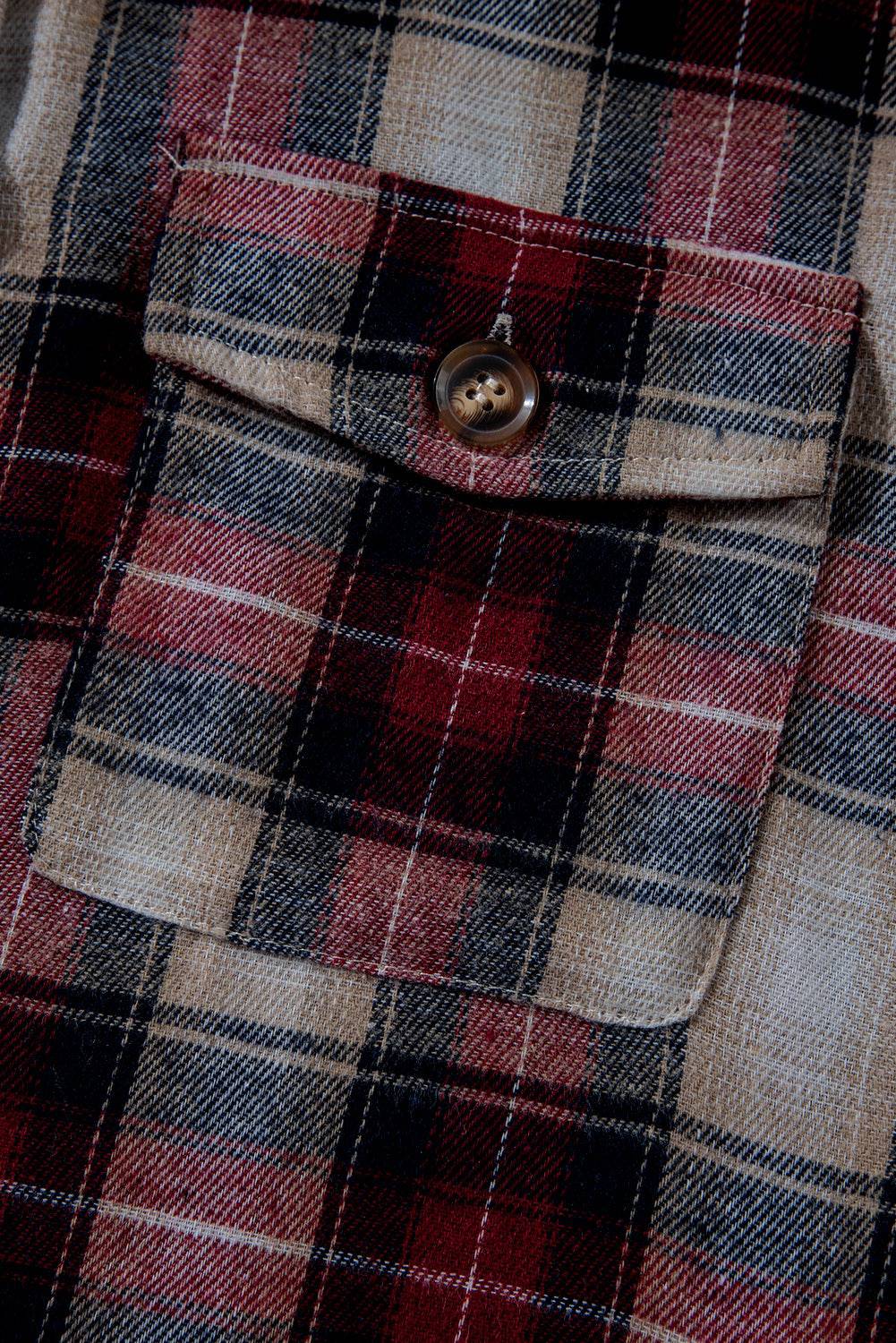 Red Plaid Print Chest Pocket Buttoned Hooded Shacket - BB Fashion Outlet